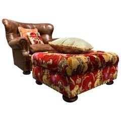 Henredon Brown Leather Writer's Lounge, Armchair, Red Velvet Floral Ottoman