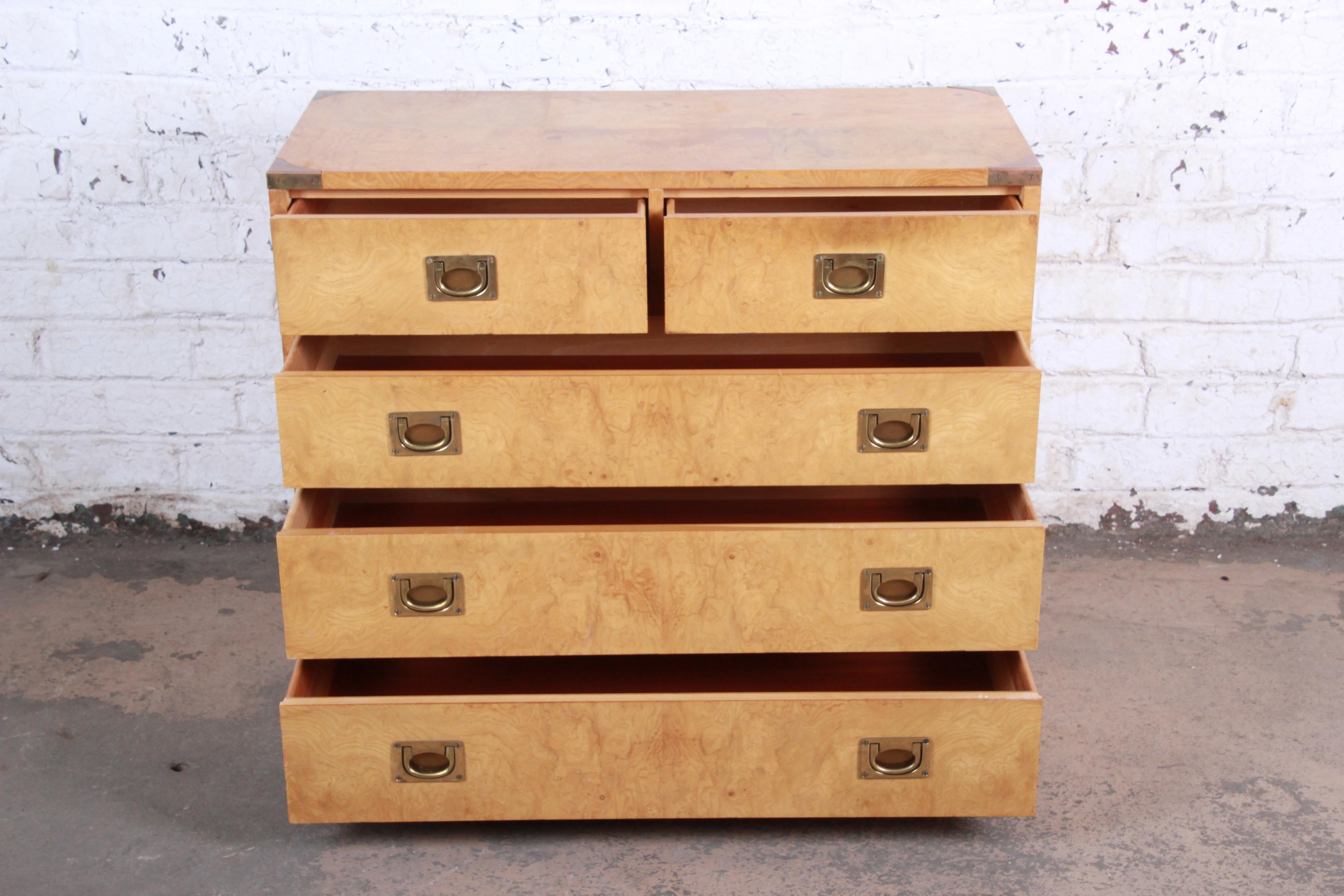 Brass Henredon Burl Wood Campaign Style Five-Drawer Dresser Chest