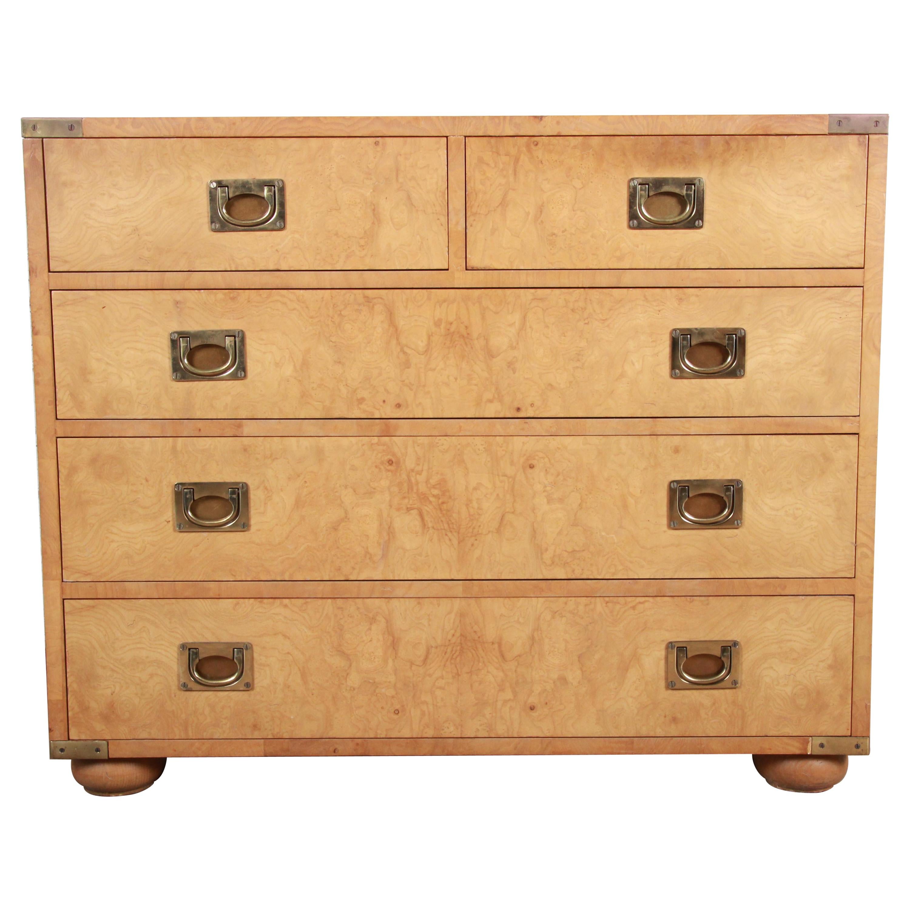 Henredon Burl Wood Campaign Style Five-Drawer Dresser Chest