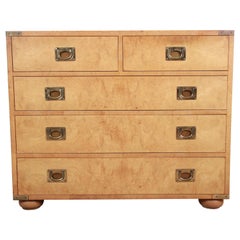 Vintage Henredon Burl Wood Campaign Style Five-Drawer Dresser Chest