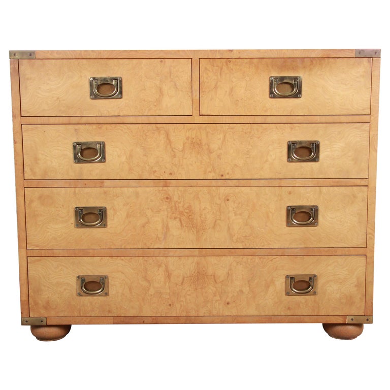Henredon Burl Wood Campaign Style FiveDrawer Dresser Chest at 1stDibs