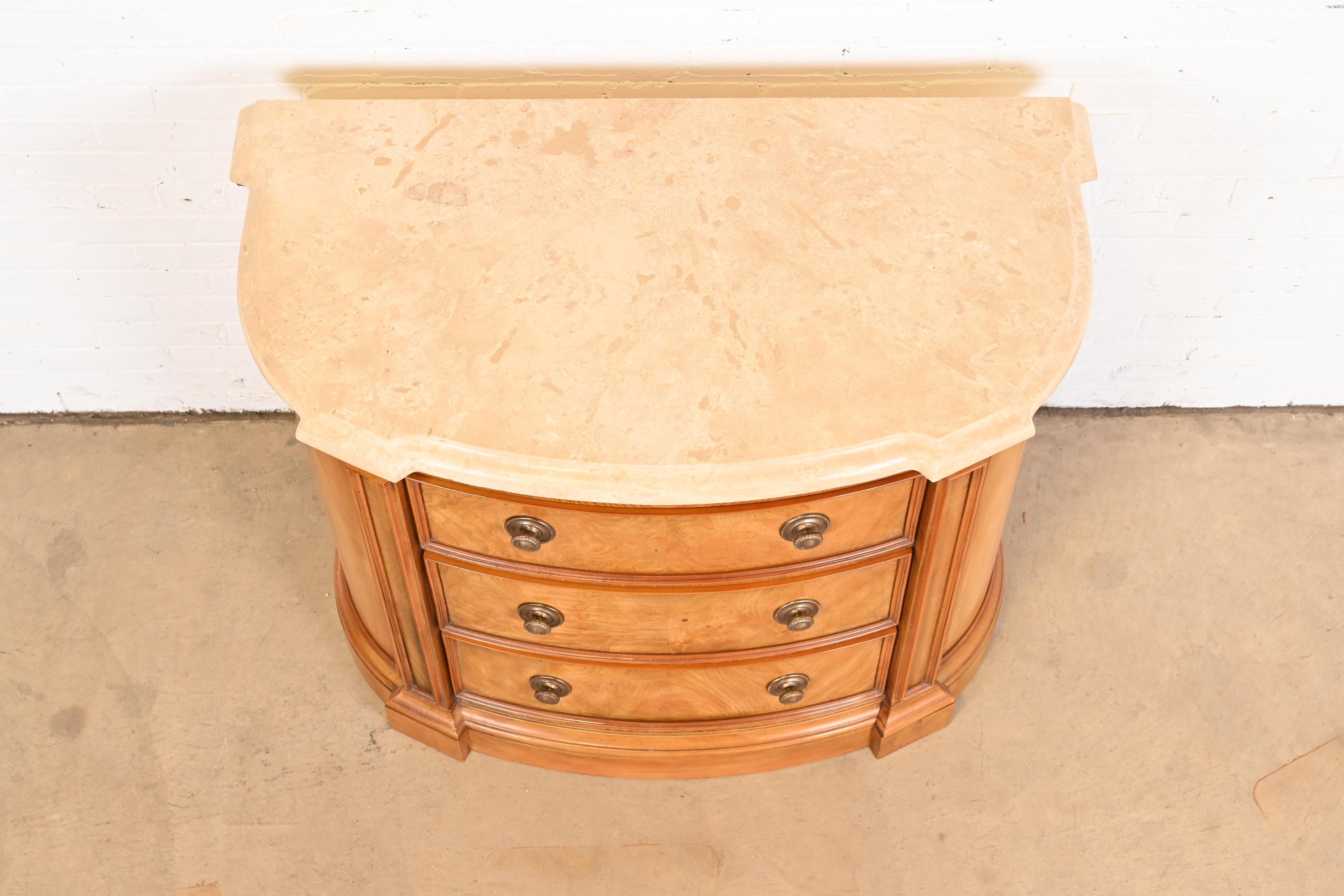 Henredon Burl Wood Regency Marble Top Demilune Commode or Chest of Drawers For Sale 4