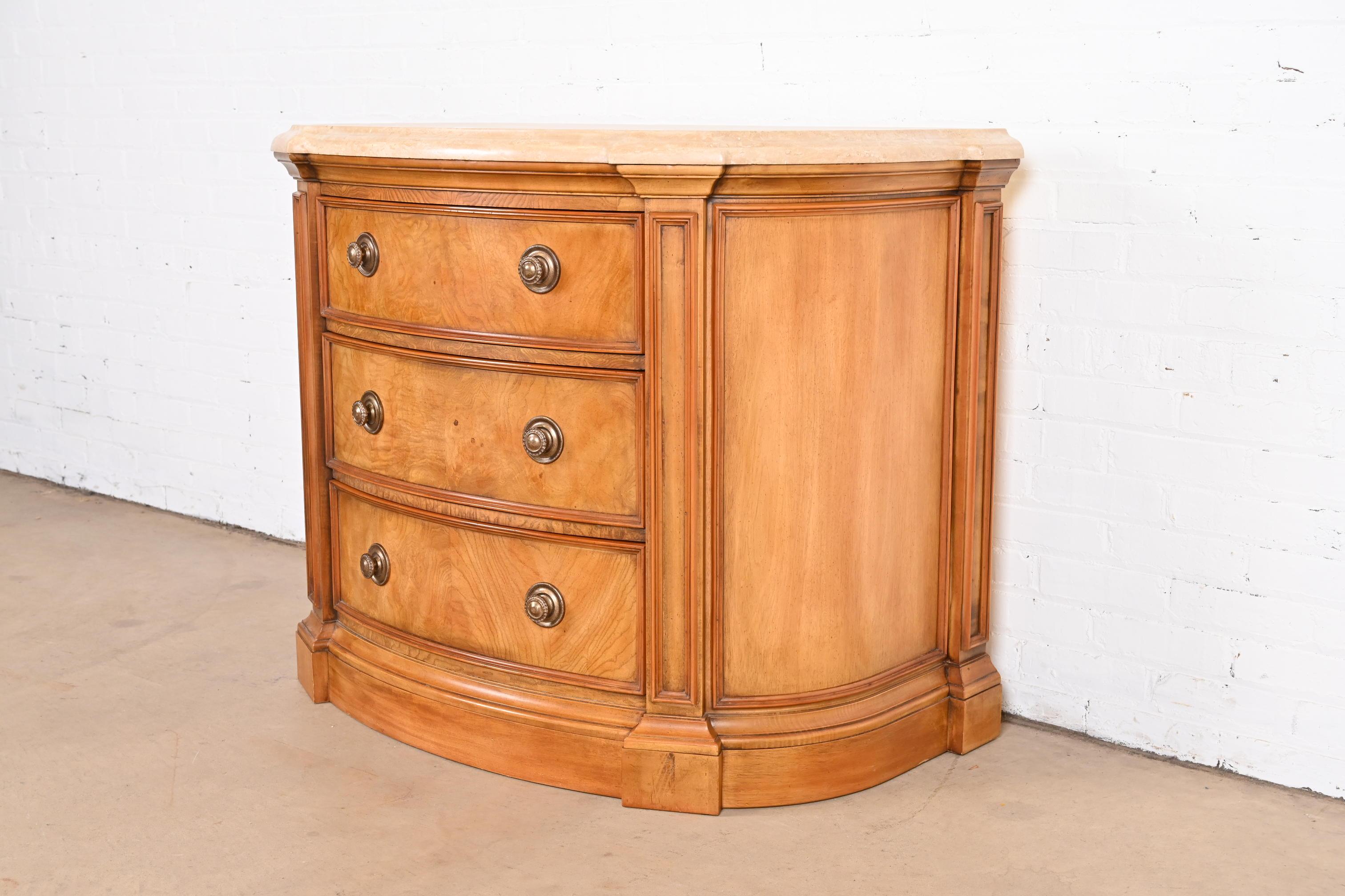 American Henredon Burl Wood Regency Marble Top Demilune Commode or Chest of Drawers For Sale