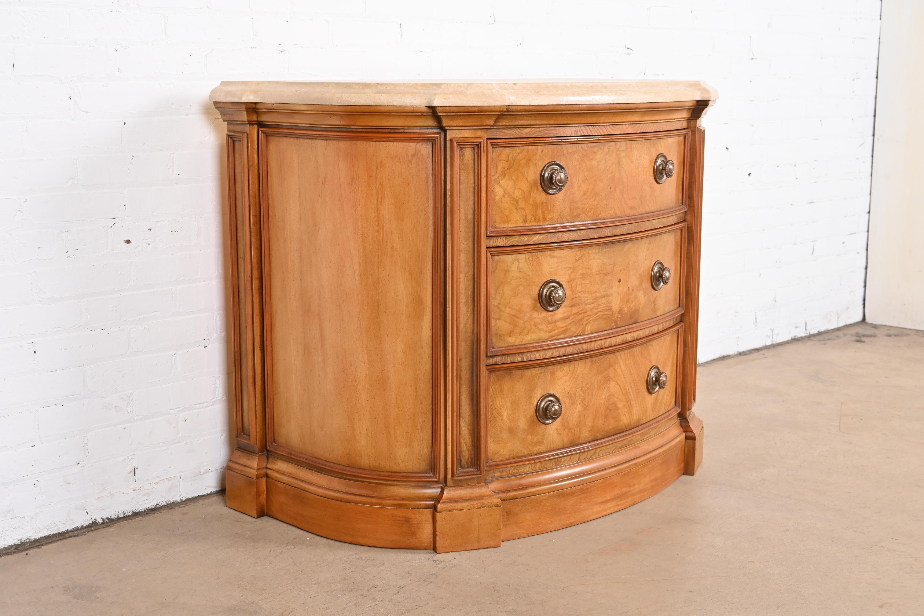 Henredon Burl Wood Regency Marble Top Demilune Commode or Chest of Drawers In Good Condition For Sale In South Bend, IN