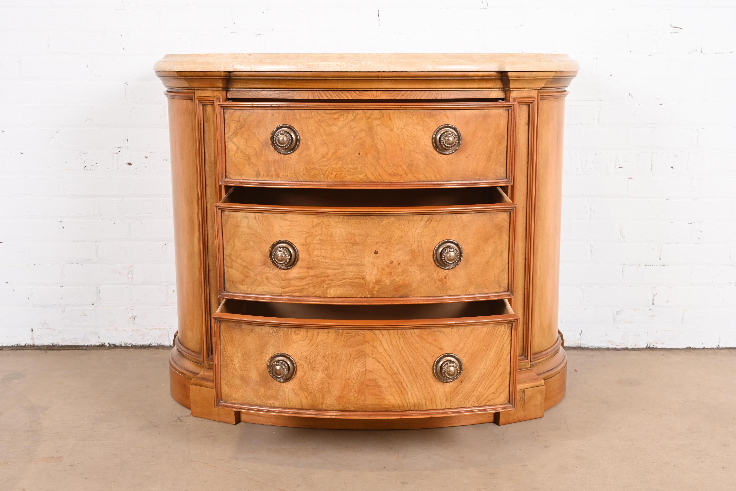 20th Century Henredon Burl Wood Regency Marble Top Demilune Commode or Chest of Drawers For Sale
