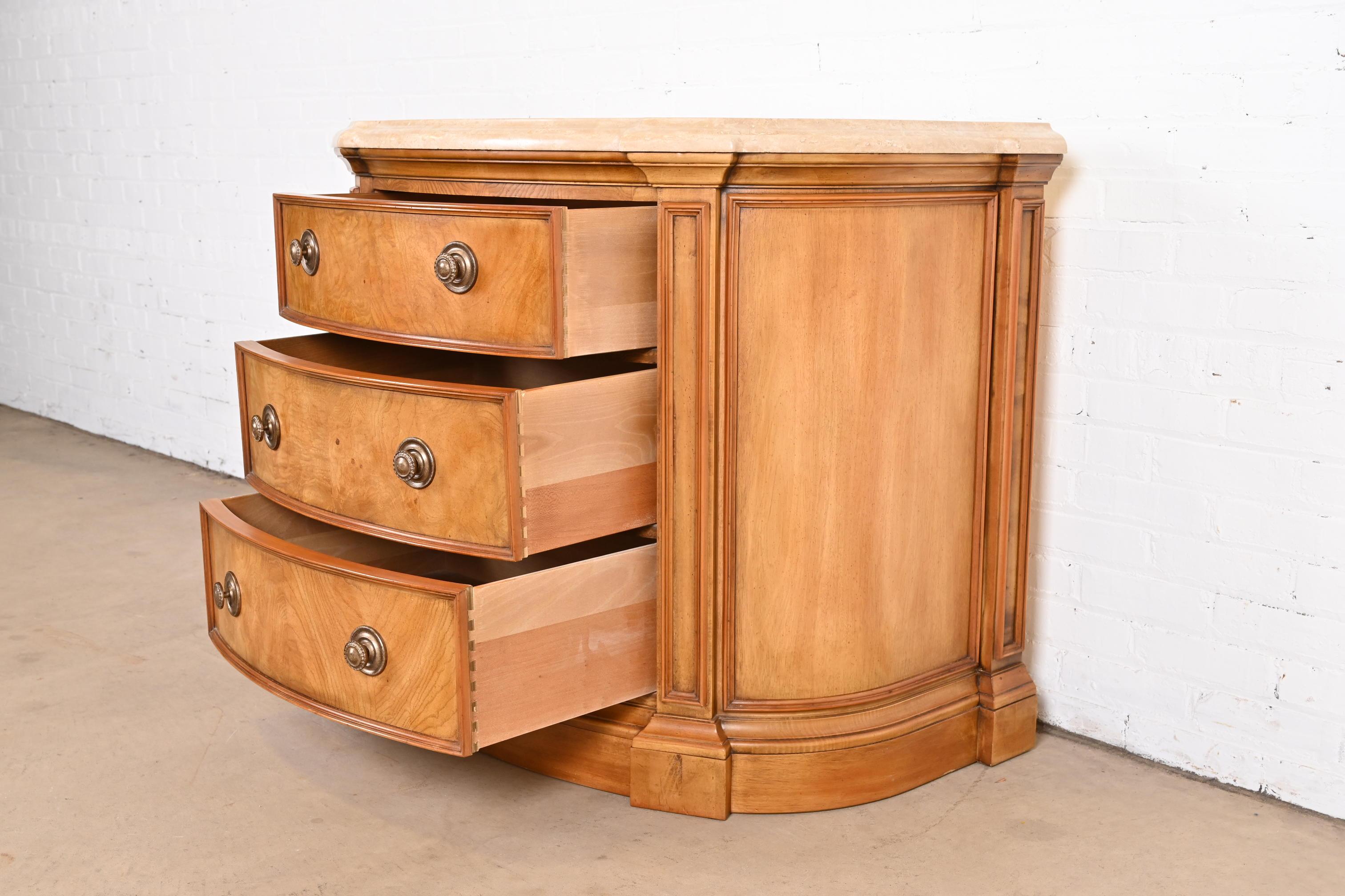 Brass Henredon Burl Wood Regency Marble Top Demilune Commode or Chest of Drawers For Sale