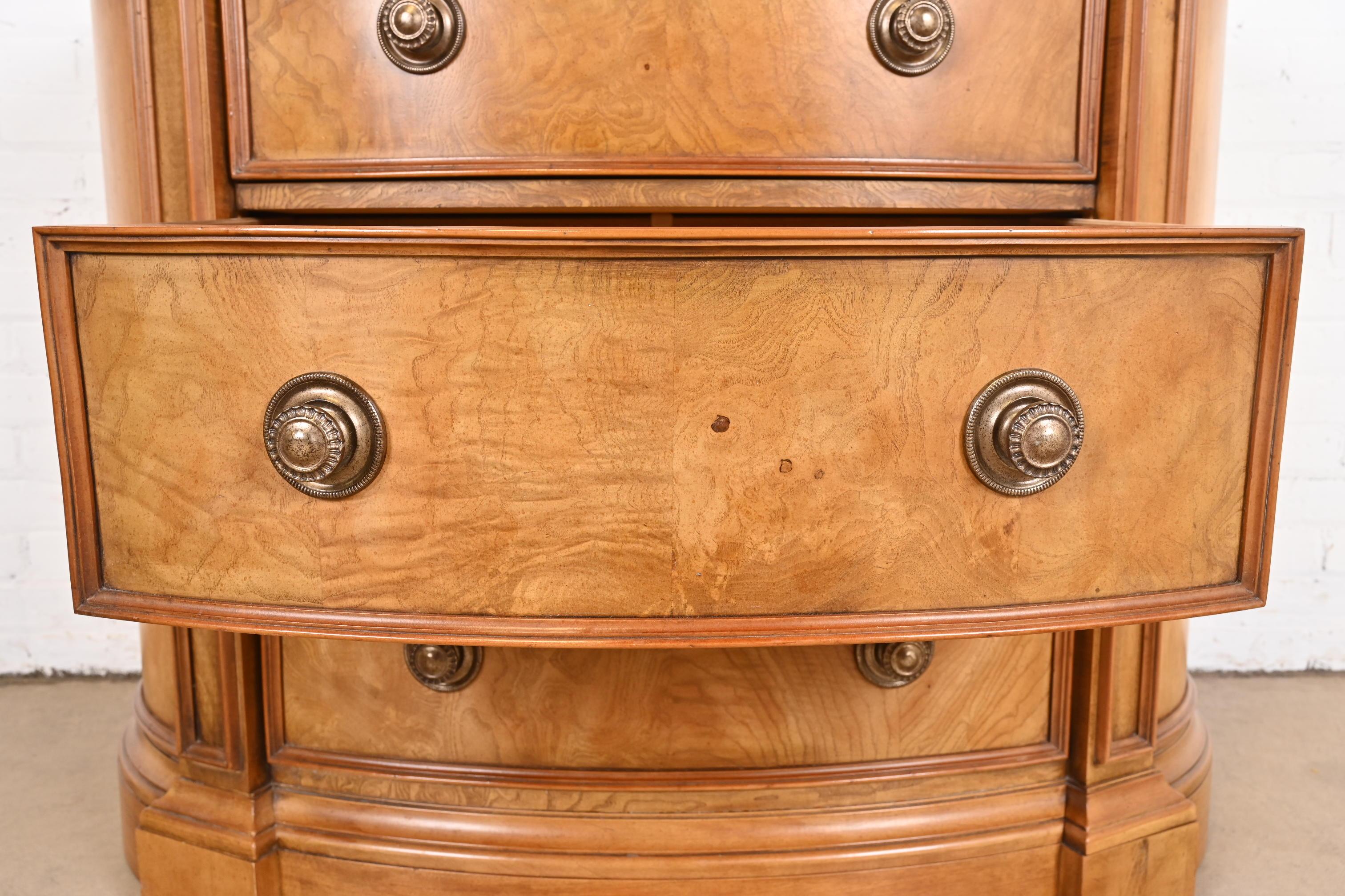 Henredon Burl Wood Regency Marble Top Demilune Commode or Chest of Drawers For Sale 1