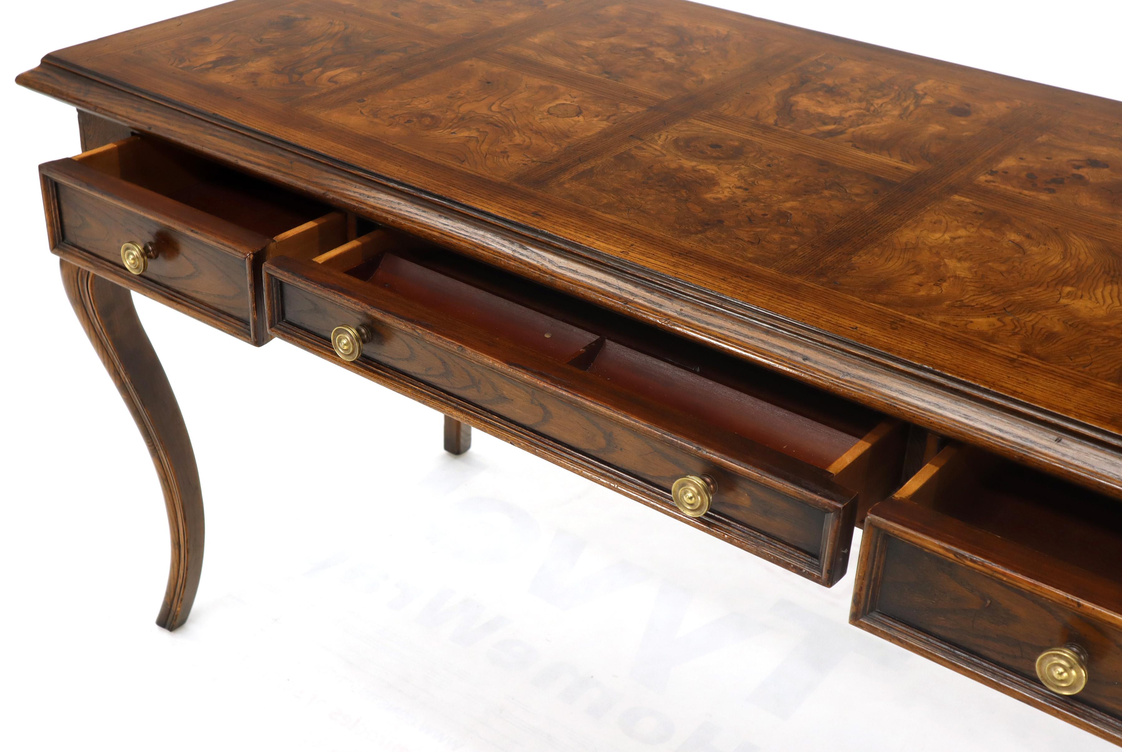 20th Century Henredon Cabriole Leg 3-Drawer Burl Wood Writing Table Desk Console