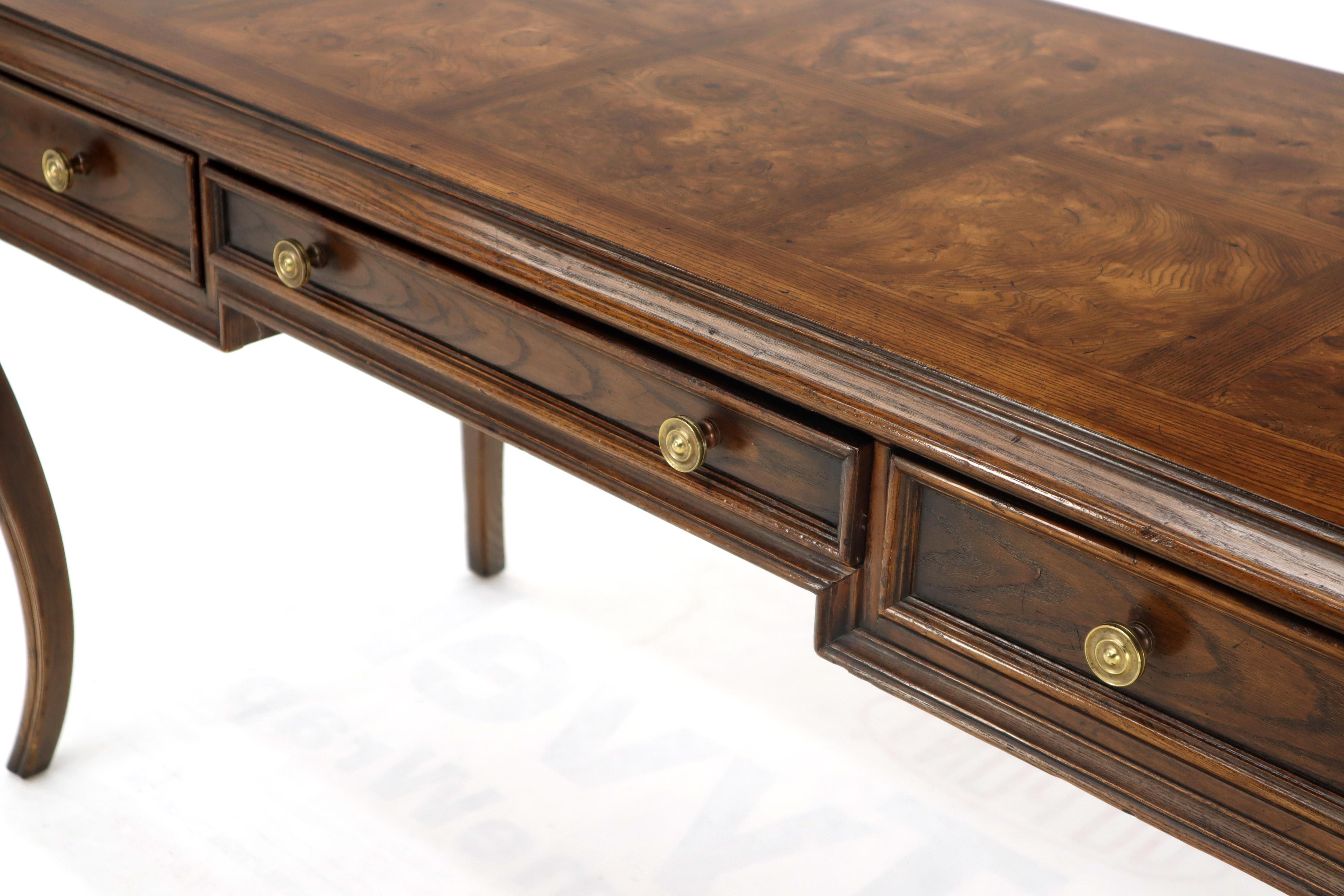 American Henredon Cabriole Leg 3-Drawer Burl Wood Writing Table Desk Console