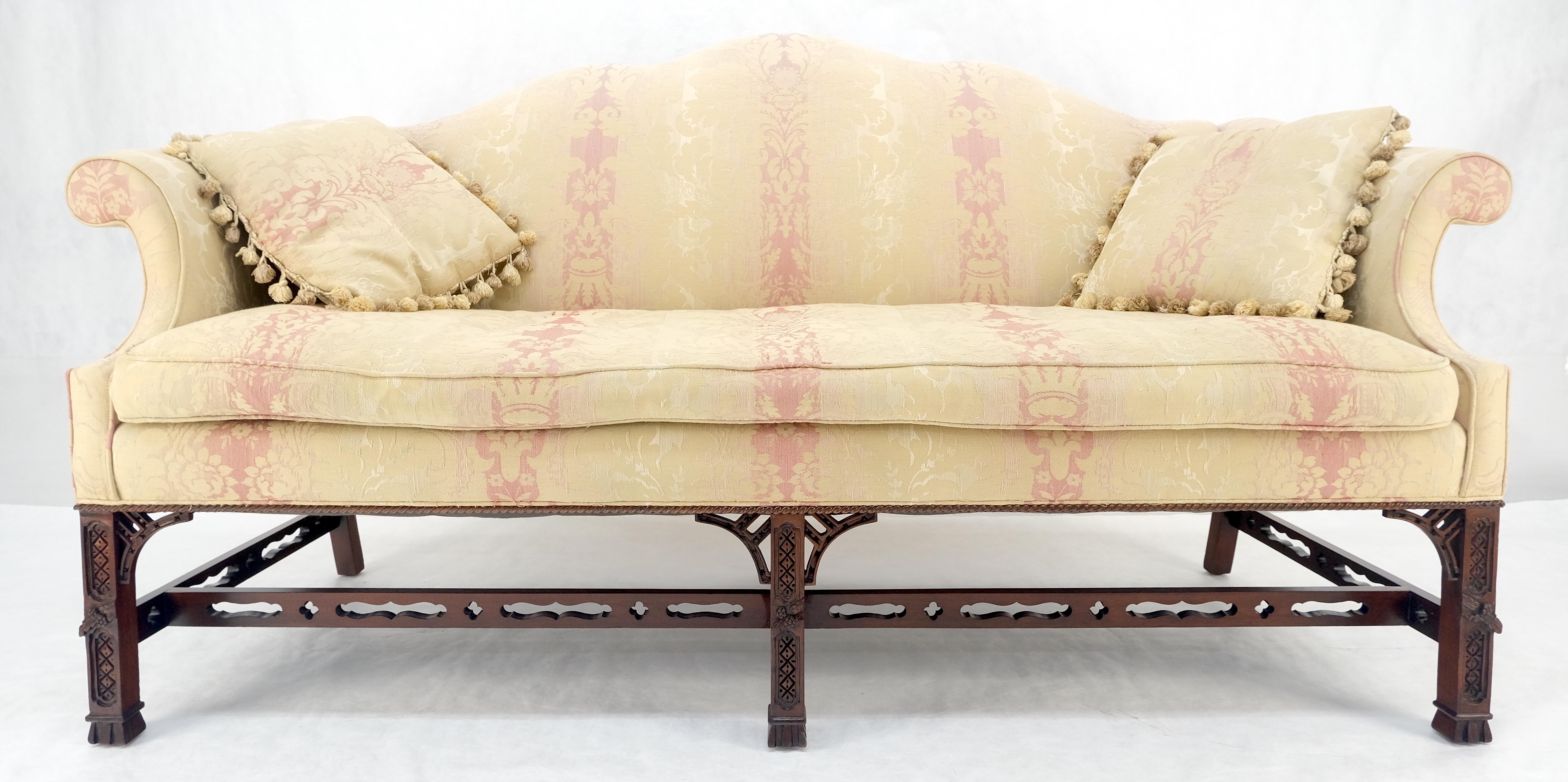 Henredon Camel Back Carved Mahogany Stretcher Base Sofa For Sale 1