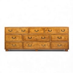 Henredon Campaign Mid Century Oak and Brass Lowboy Dresser