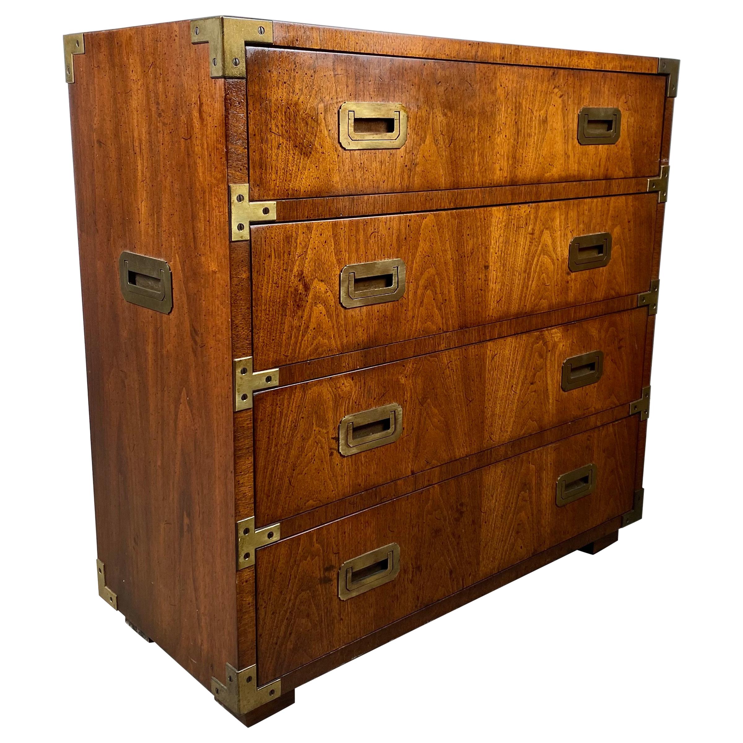 Henredon Campaign Style 4-Drawer Chest, Richly Grained Book Match Walnut