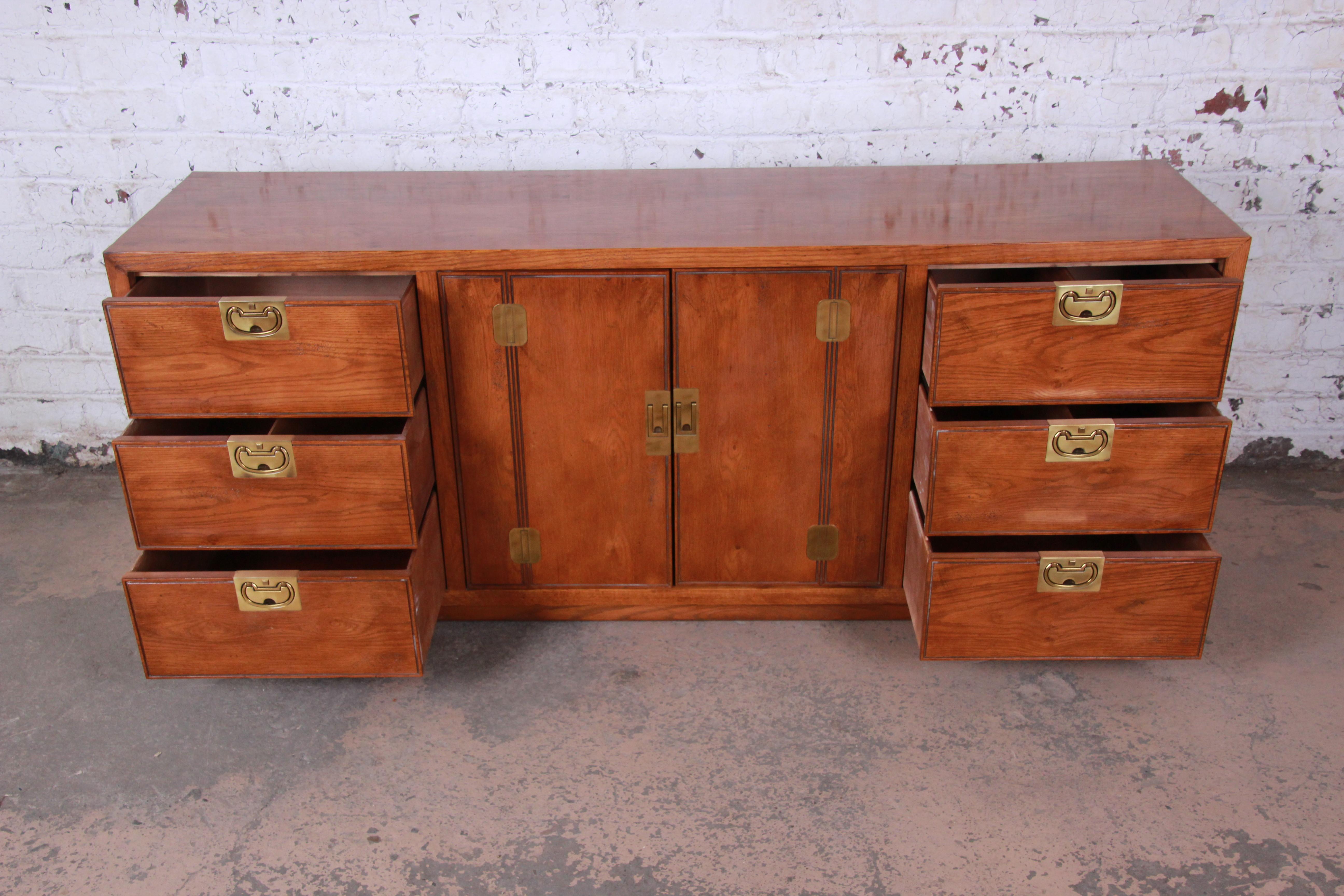 Late 20th Century Henredon Campaign Style Oak Long Dresser or Credenza