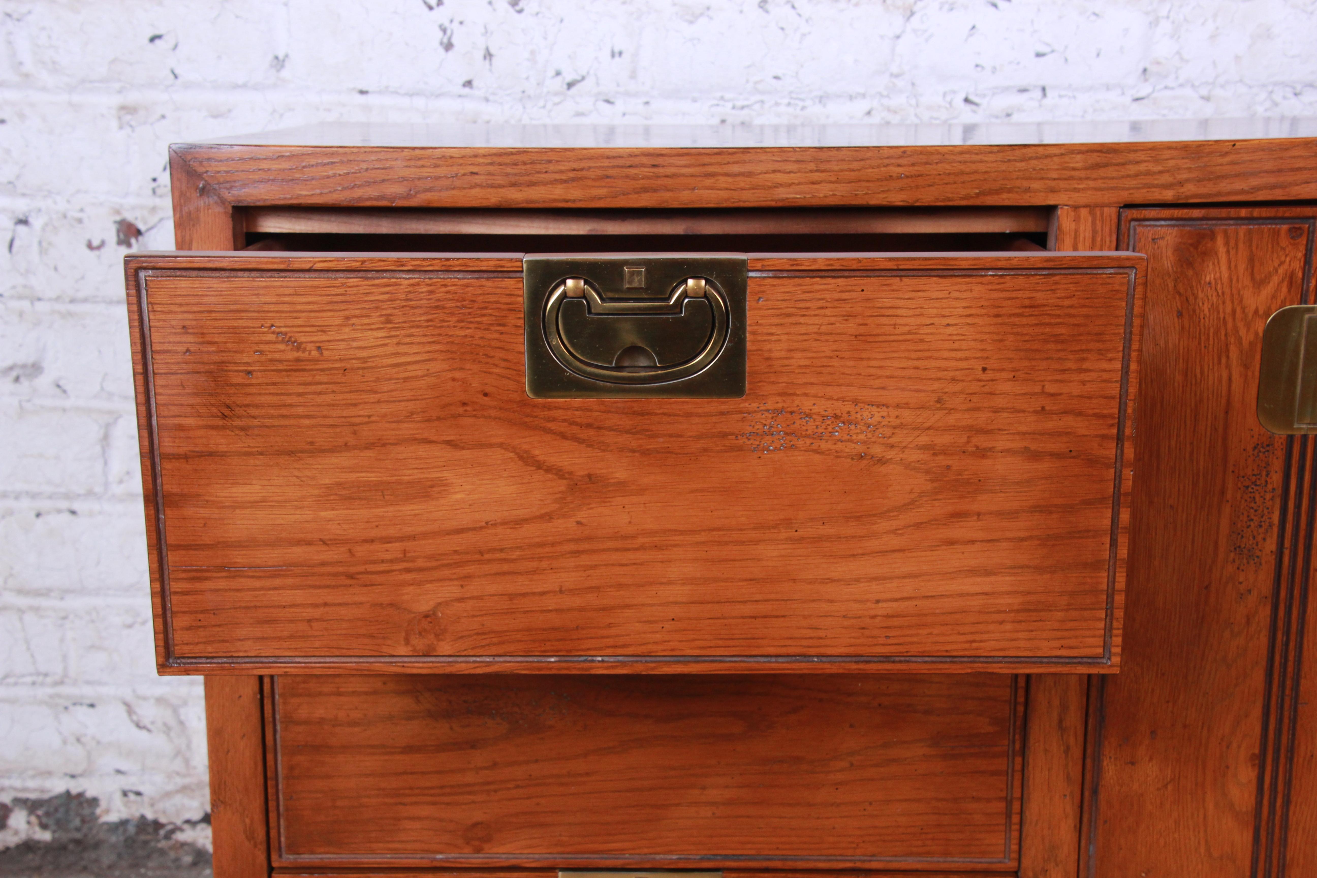 Henredon Campaign Style Oak Long Dresser or Credenza 3