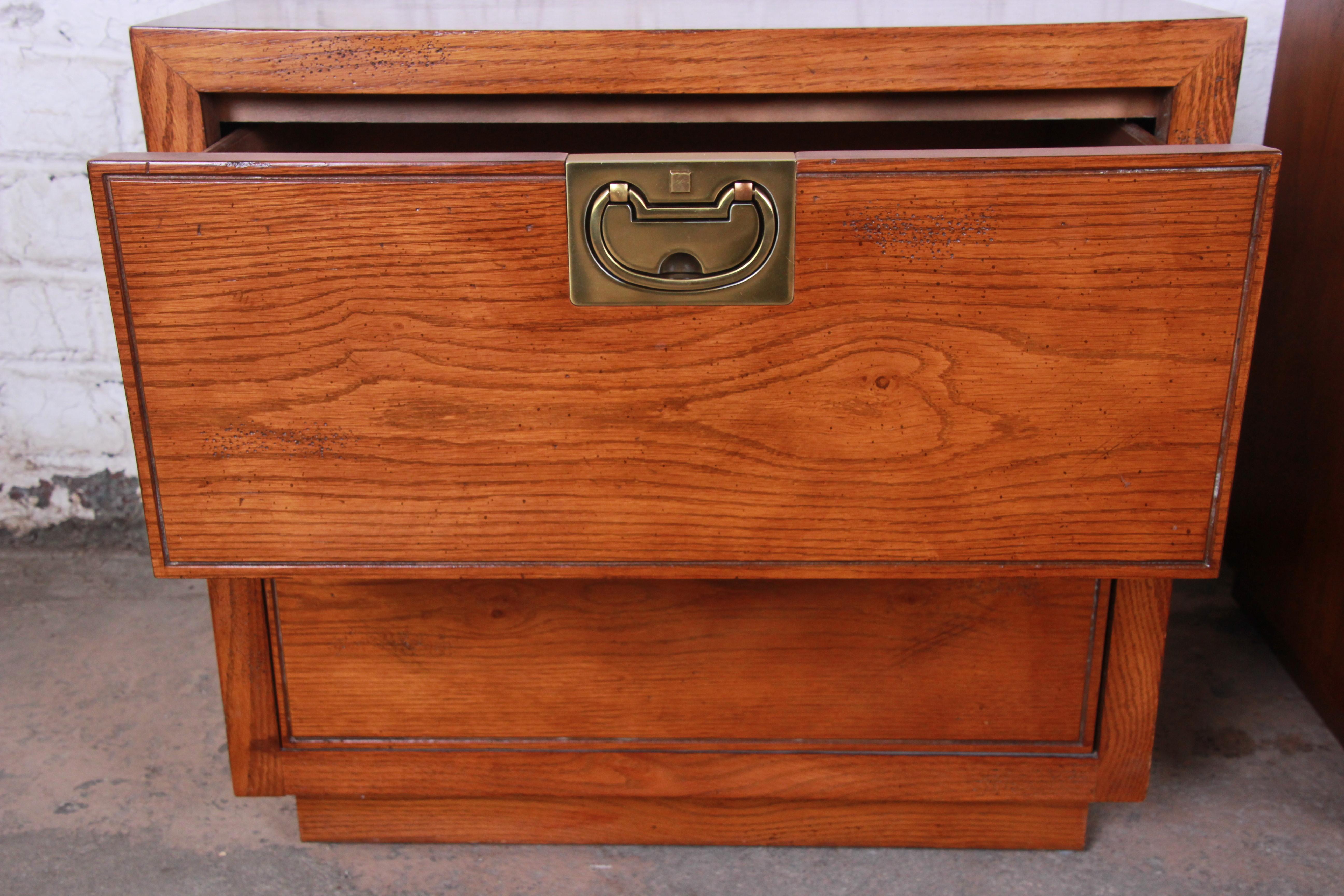Late 20th Century Henredon Campaign Style Oak Nightstands, Pair