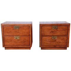 Henredon Campaign Style Oak Nightstands, Pair