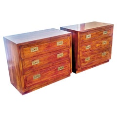 Henredon Campaign Style Scene One Pair Dressers or Nightstands Oak Brass 1970s