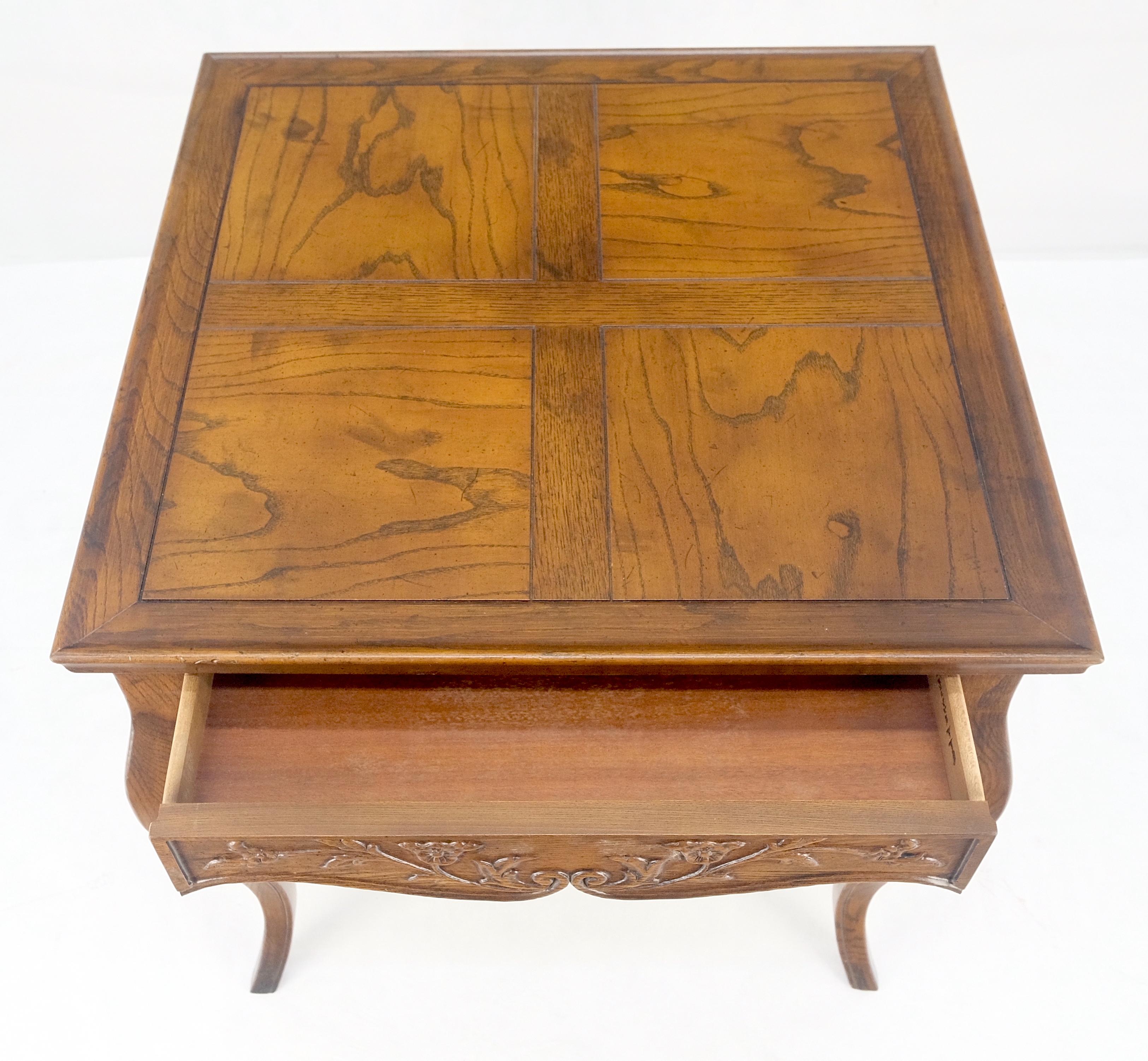 Lacquered Henredon Carved Drawer Front Burl Wood Parquetry Top Cabriole Leg Side End Table For Sale