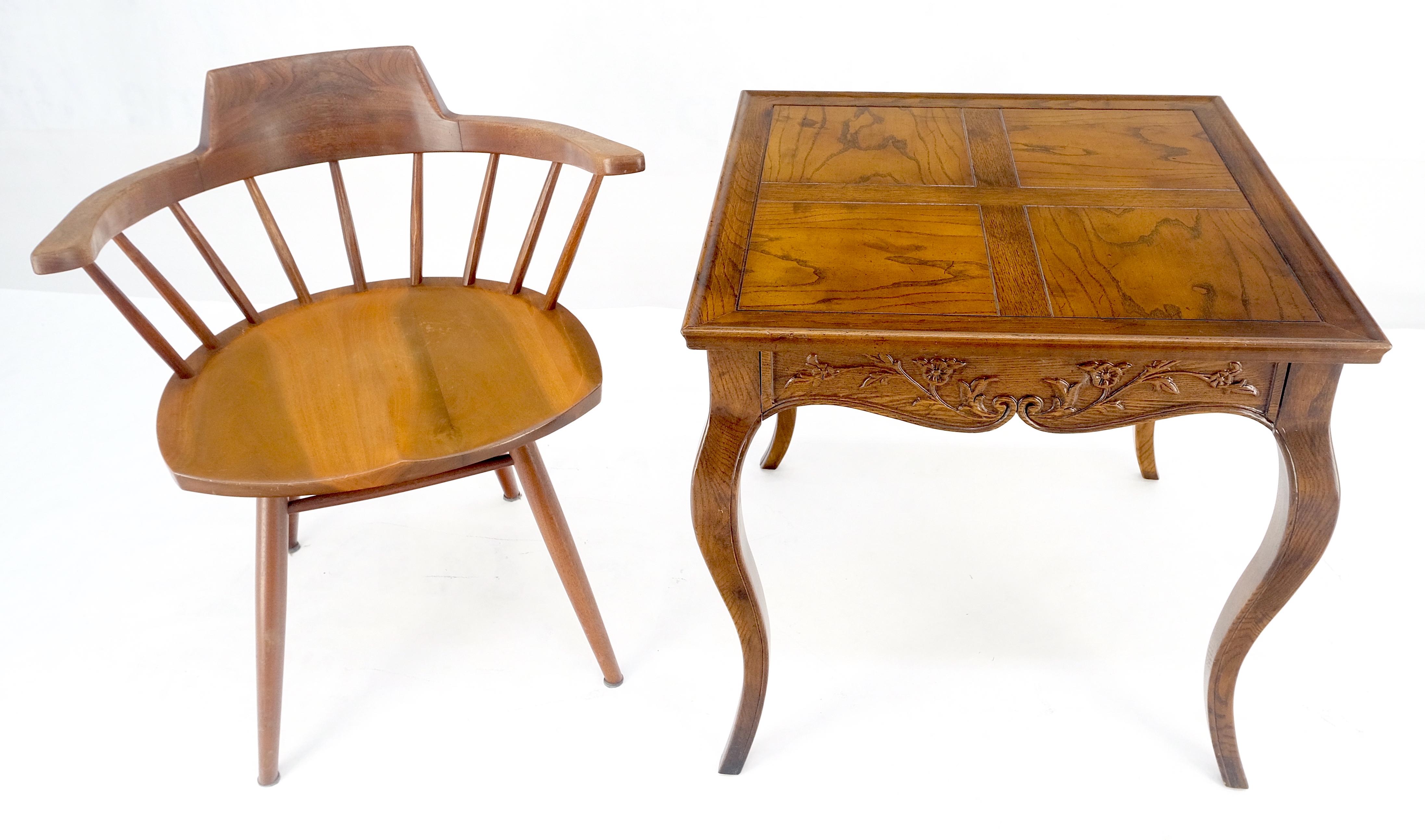 Oak Henredon Carved Drawer Front Burl Wood Parquetry Top Cabriole Leg Side End Table For Sale