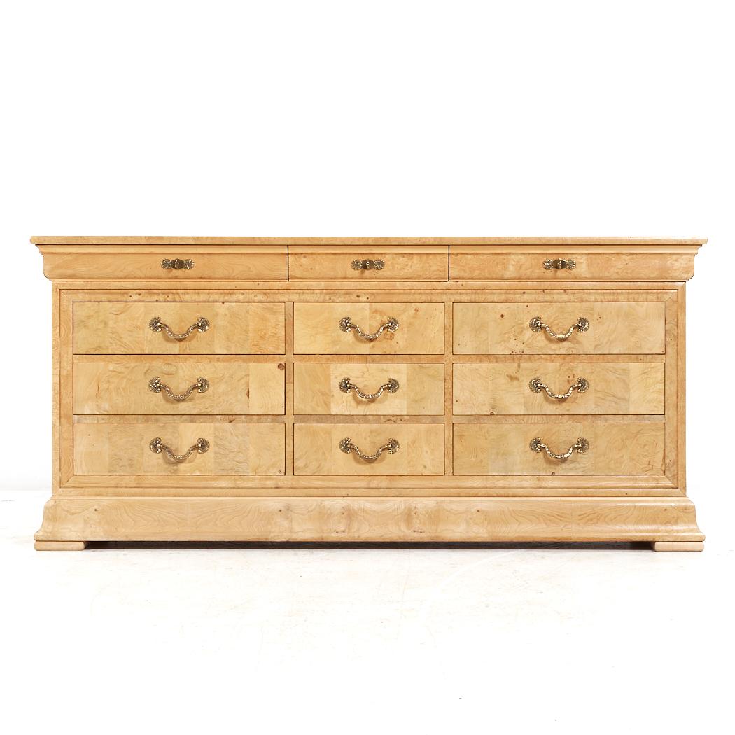 Henredon Charles X Burlwood Lowboy Dresser

This lowboy measures: 74 wide x 19 deep x 34.5 inches high

About Photos: We take our photos in a controlled lighting studio to show as much detail as possible. We do not photoshop out