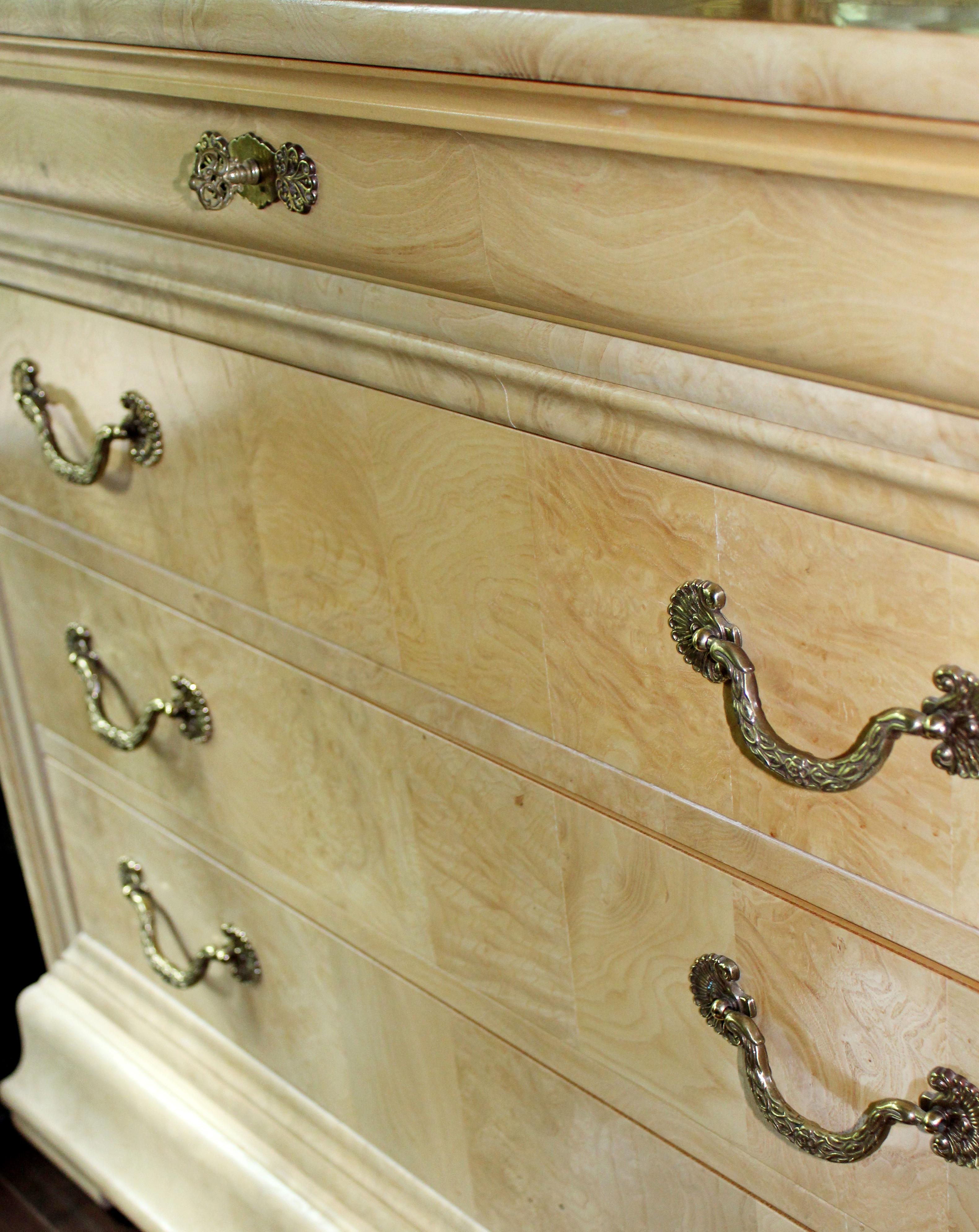 American Henredon Charles X Collection Burl Wood Brass Dresser Nightstand 3 Drawers