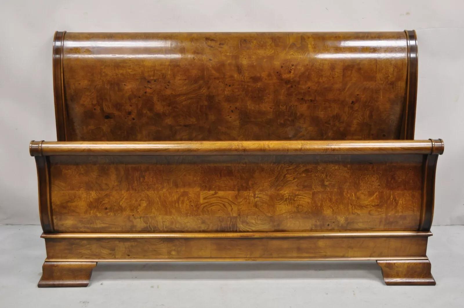 Pre-owned Henredon Charles X Empire Style Burl Wood Queen Size Sleigh Bed Frame. Circa Late 20th Century. Dimensions : 39,5