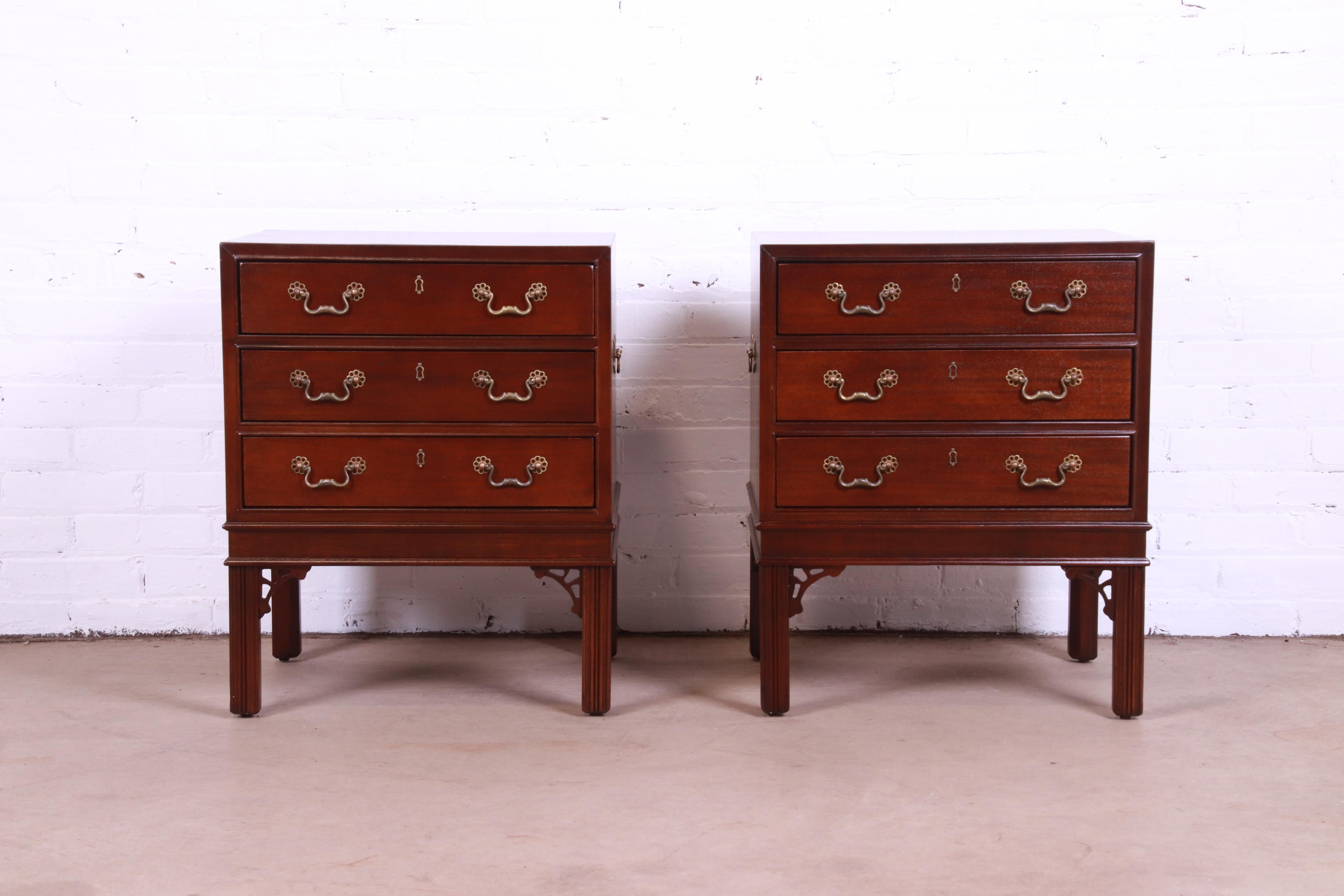 A gorgeous pair of Chinese Chippendale style three-drawer bedside chests

By Henredon, 