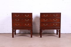 Henredon Chinese Chippendale Carved Mahogany Nightstands, Newly Refinished