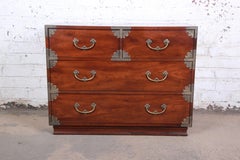 Henredon Chinoiserie Campaign Style Walnut Four-Drawer Dresser Chest