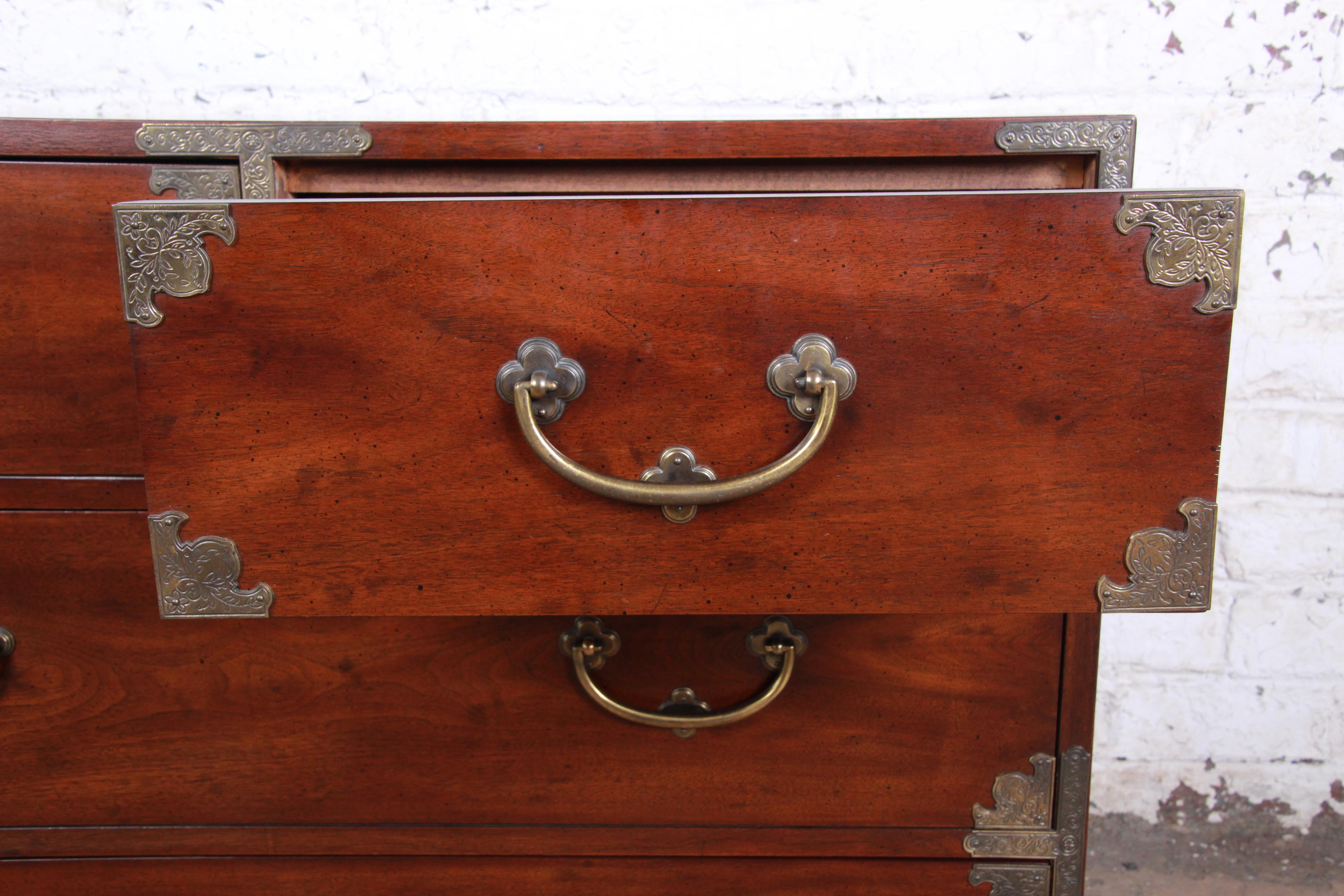 Late 20th Century Henredon Chinoiserie Campaign Style Walnut Four-Drawer Dresser Chest