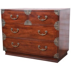 Vintage Henredon Chinoiserie Campaign Style Walnut Four-Drawer Dresser Chest