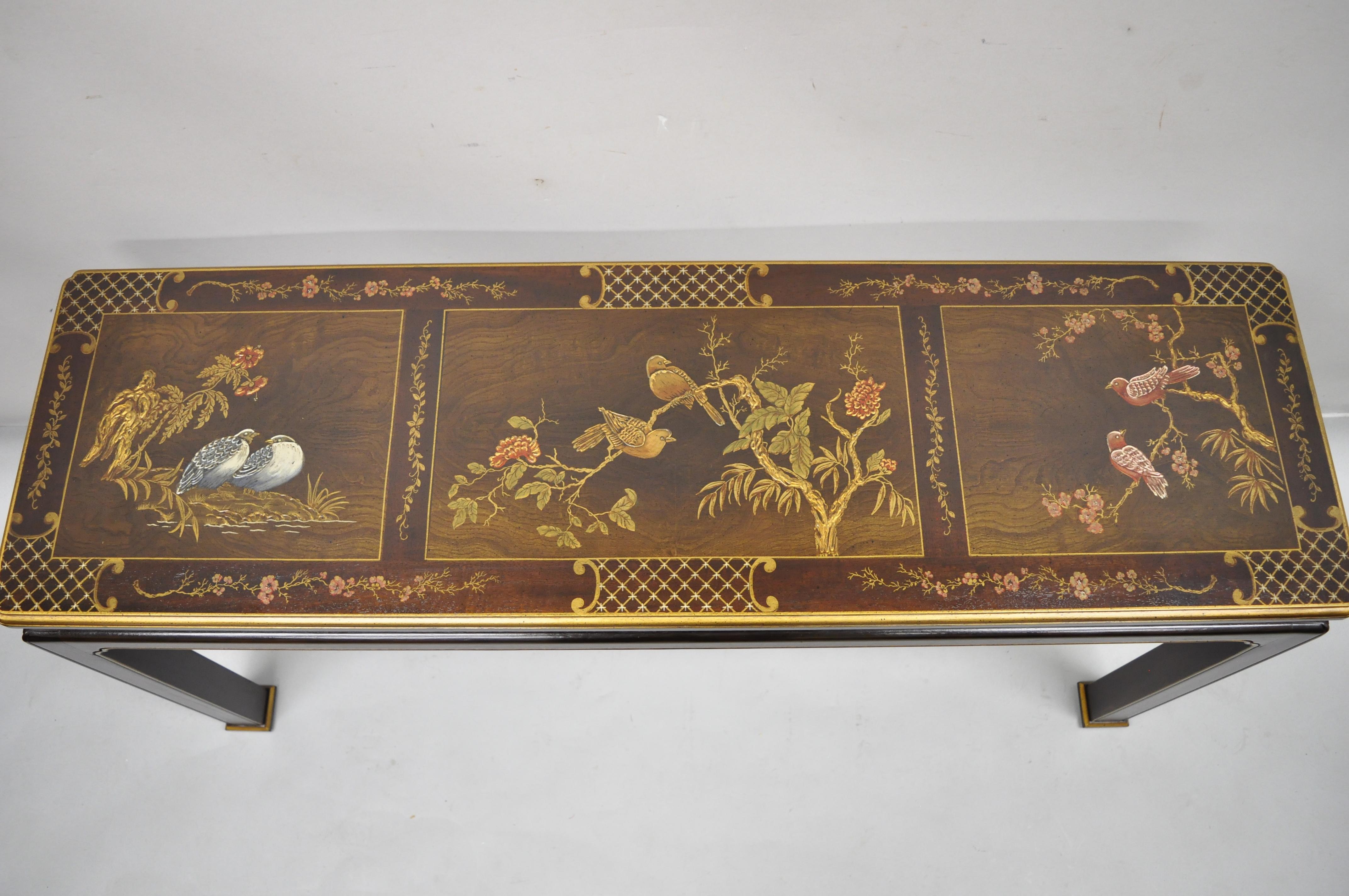 Henredon chinoiserie oriental Asian decorated painted console sofa hall table. Item features hand painted Asian scenes to top, solid wood construction, original label, very nice vintage item, quality American craftsmanship, great style and form.