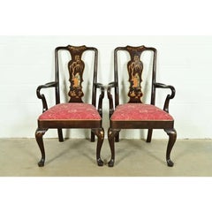 Henredon Chinoiserie Queen Anne Hand Painted Oak and Burl Wood Armchairs, Pair