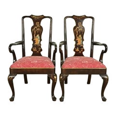 Henredon Chinoiserie Queen Anne Hand Painted Oak and Burl Wood Armchairs, Pair