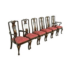 Henredon Chinoiserie Queen Anne Hand Painted Oak and Burl Wood Dining Chairs