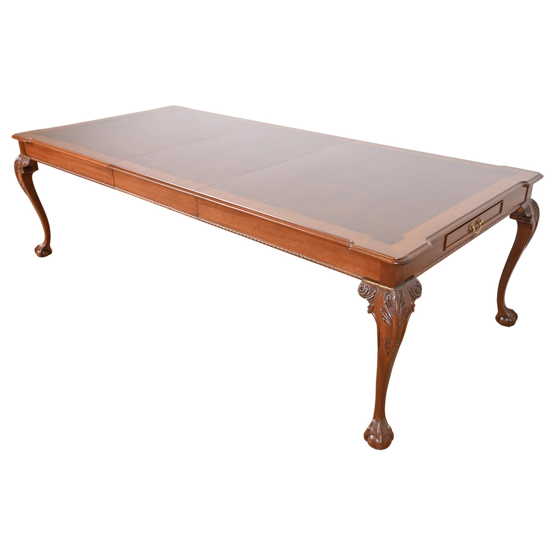 Henredon Chippendale Banded Mahogany and Burl Wood Dining Table, Refinished