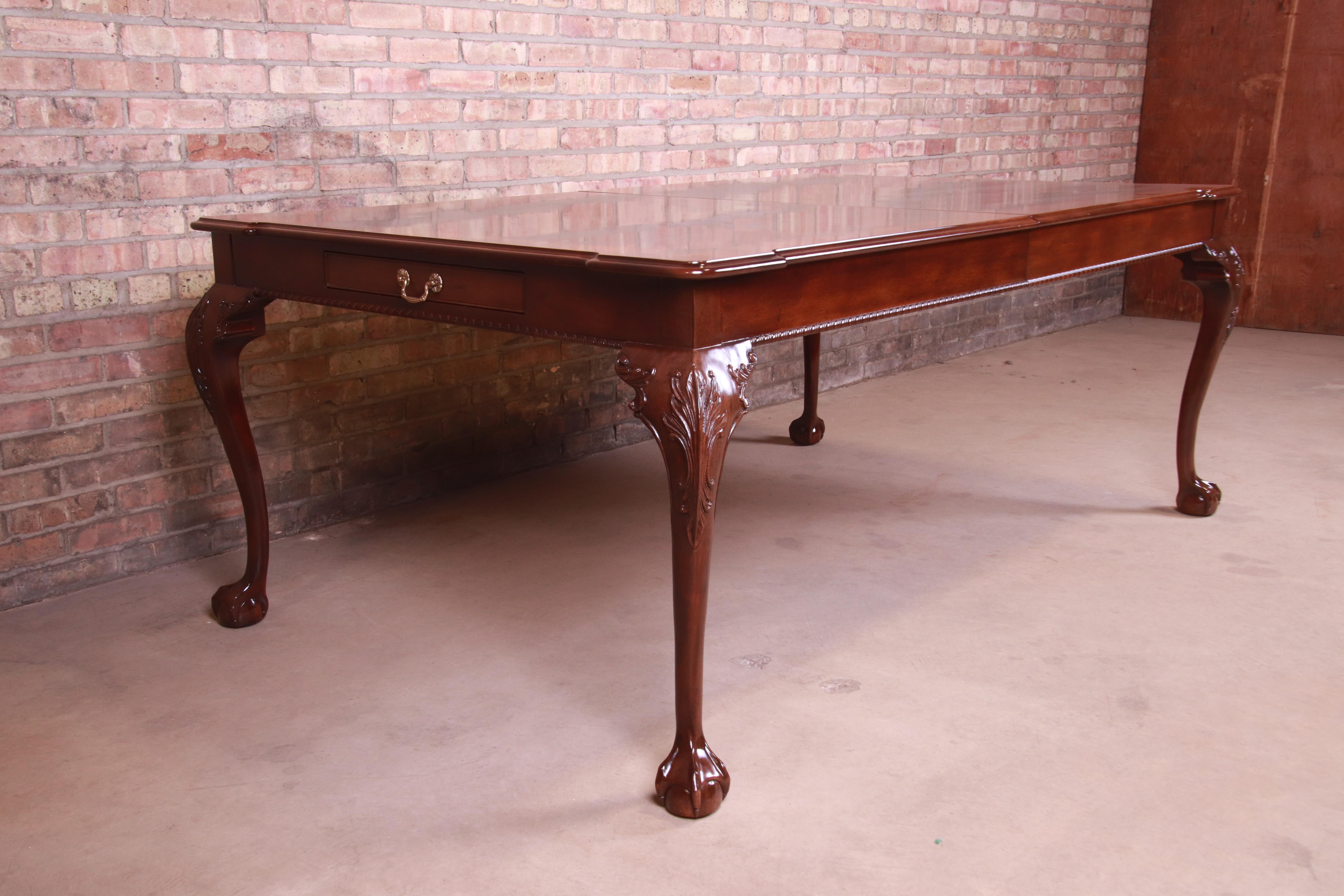 Brass Henredon Chippendale Banded Mahogany Extension Dining Table, Newly Refinished