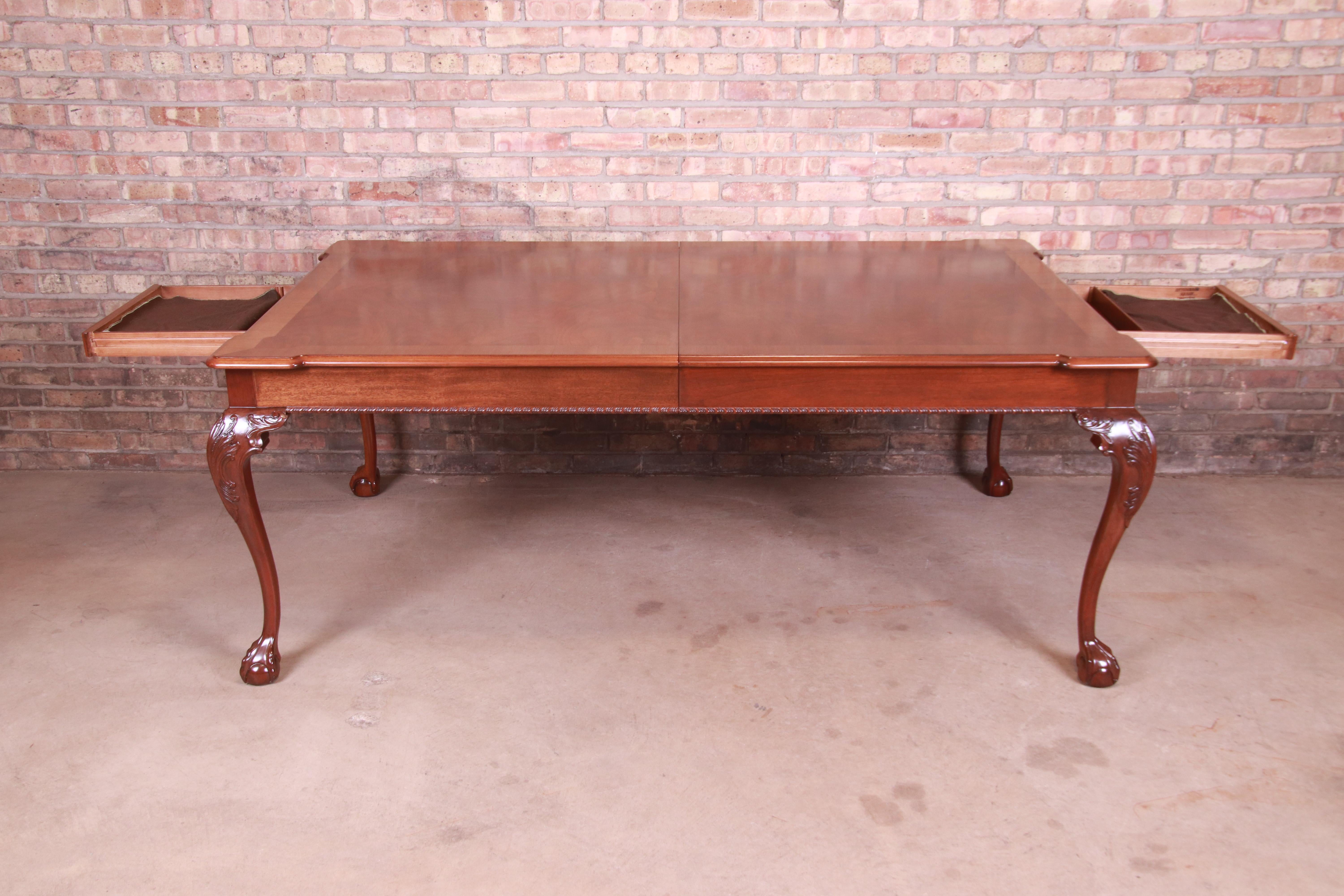 Brass Henredon Chippendale Banded Mahogany Extension Dining Table, Newly Refinished