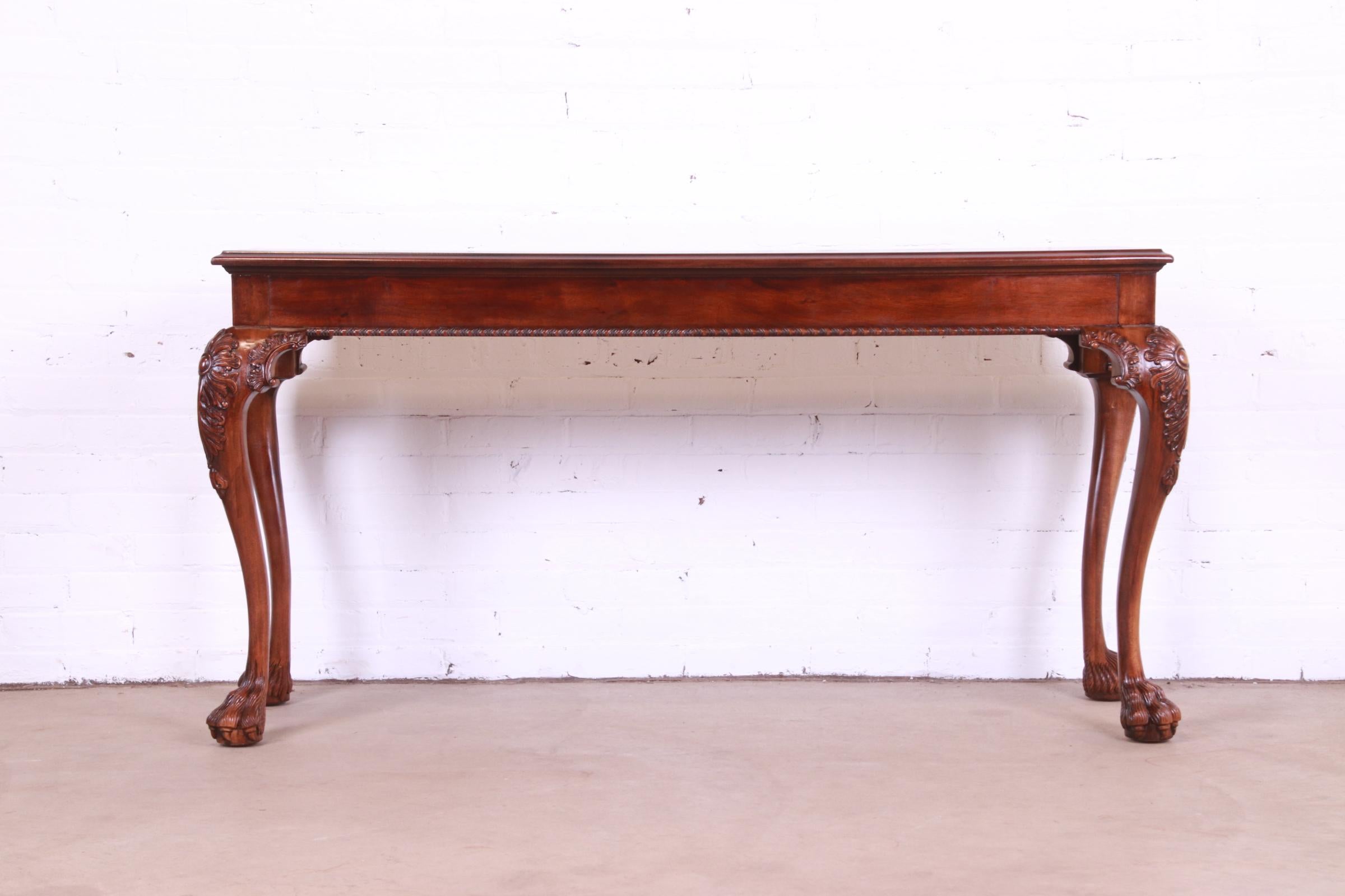 American Henredon Chippendale Carved Mahogany and Burl Wood Console Table