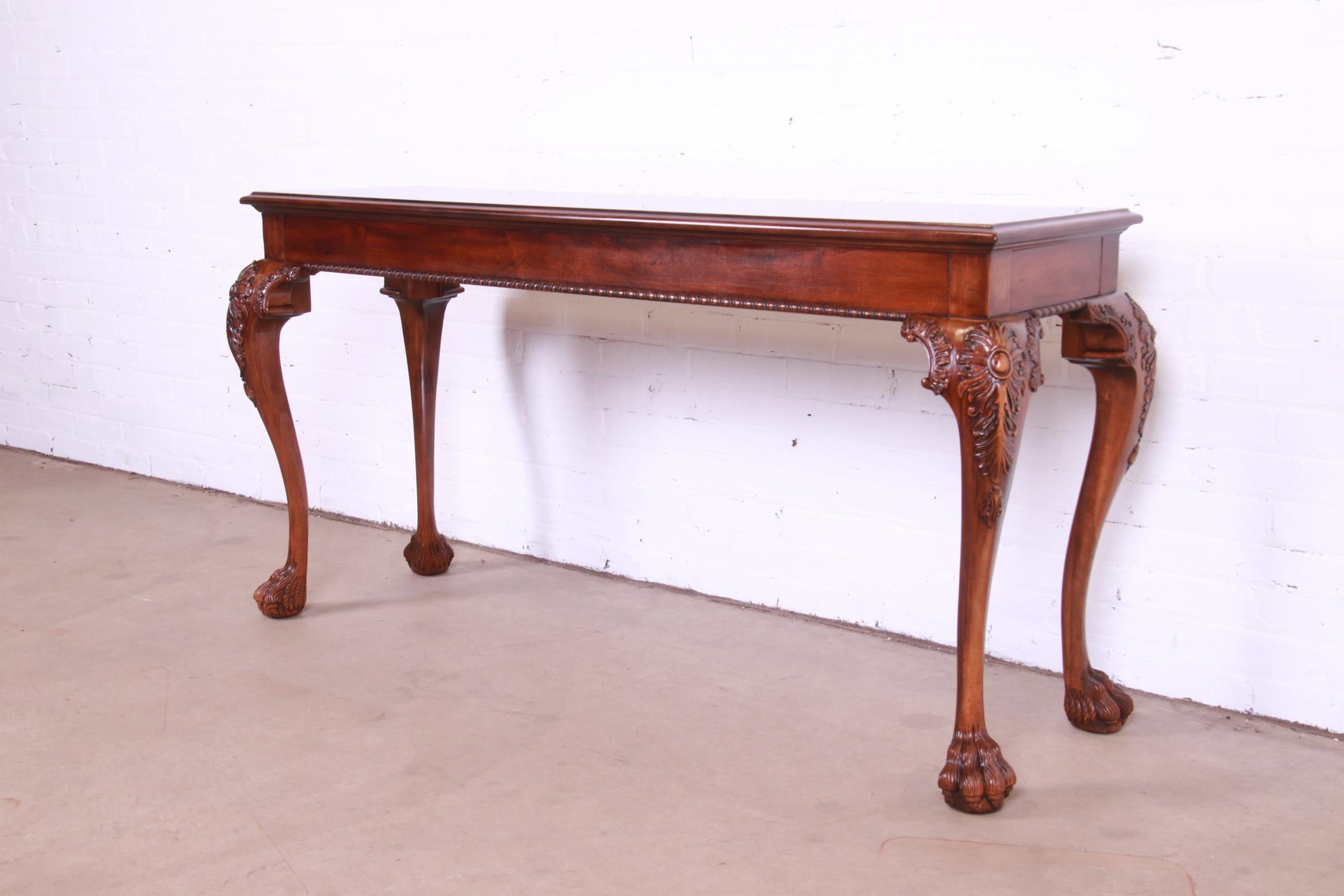 20th Century Henredon Chippendale Carved Mahogany and Burl Wood Console Table