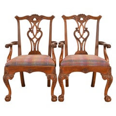 Henredon Chippendale Carved Mahogany Armchairs or Dining Captain Chairs, Pair