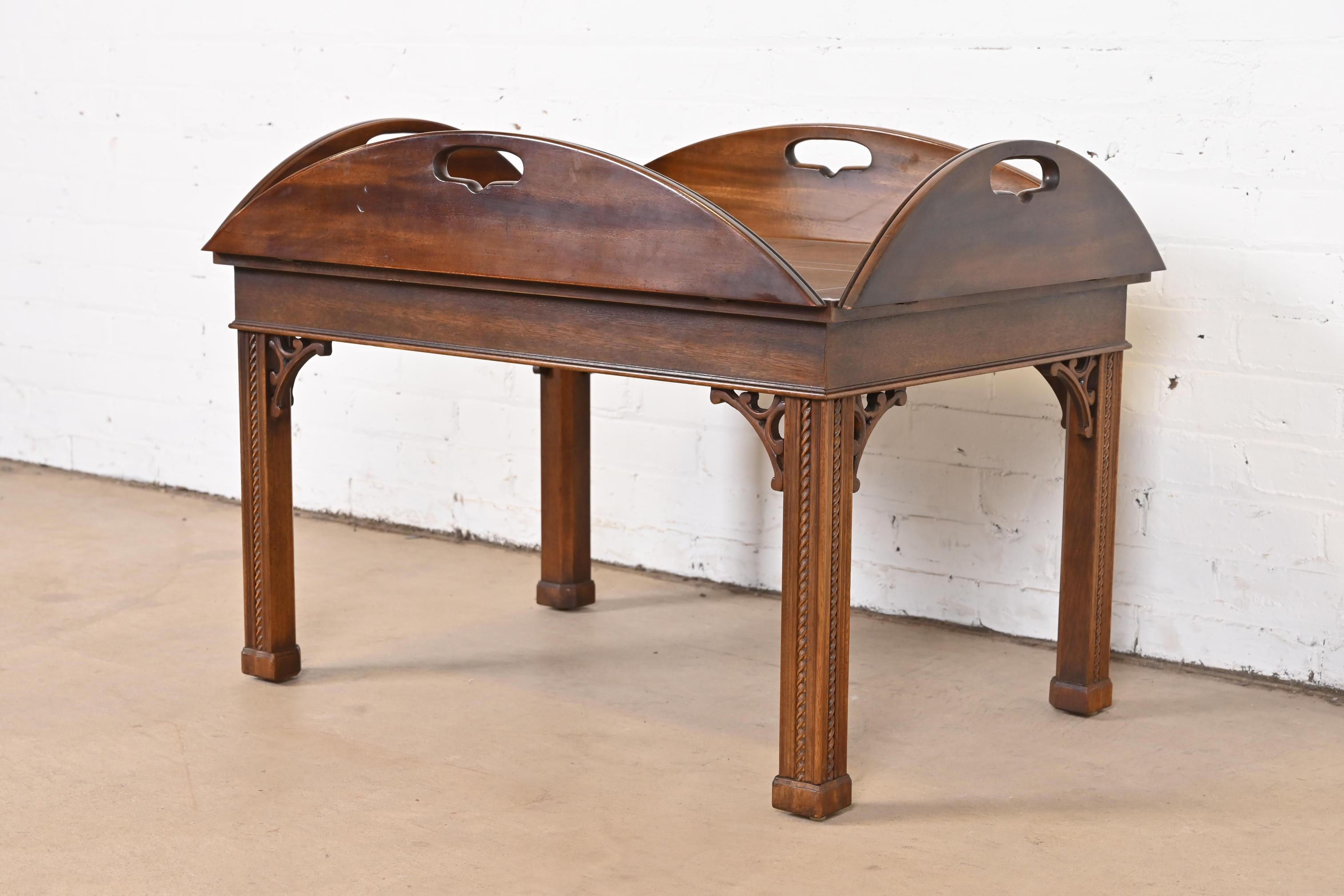 Brass Henredon Chippendale Carved Mahogany Butler's Coffee Table