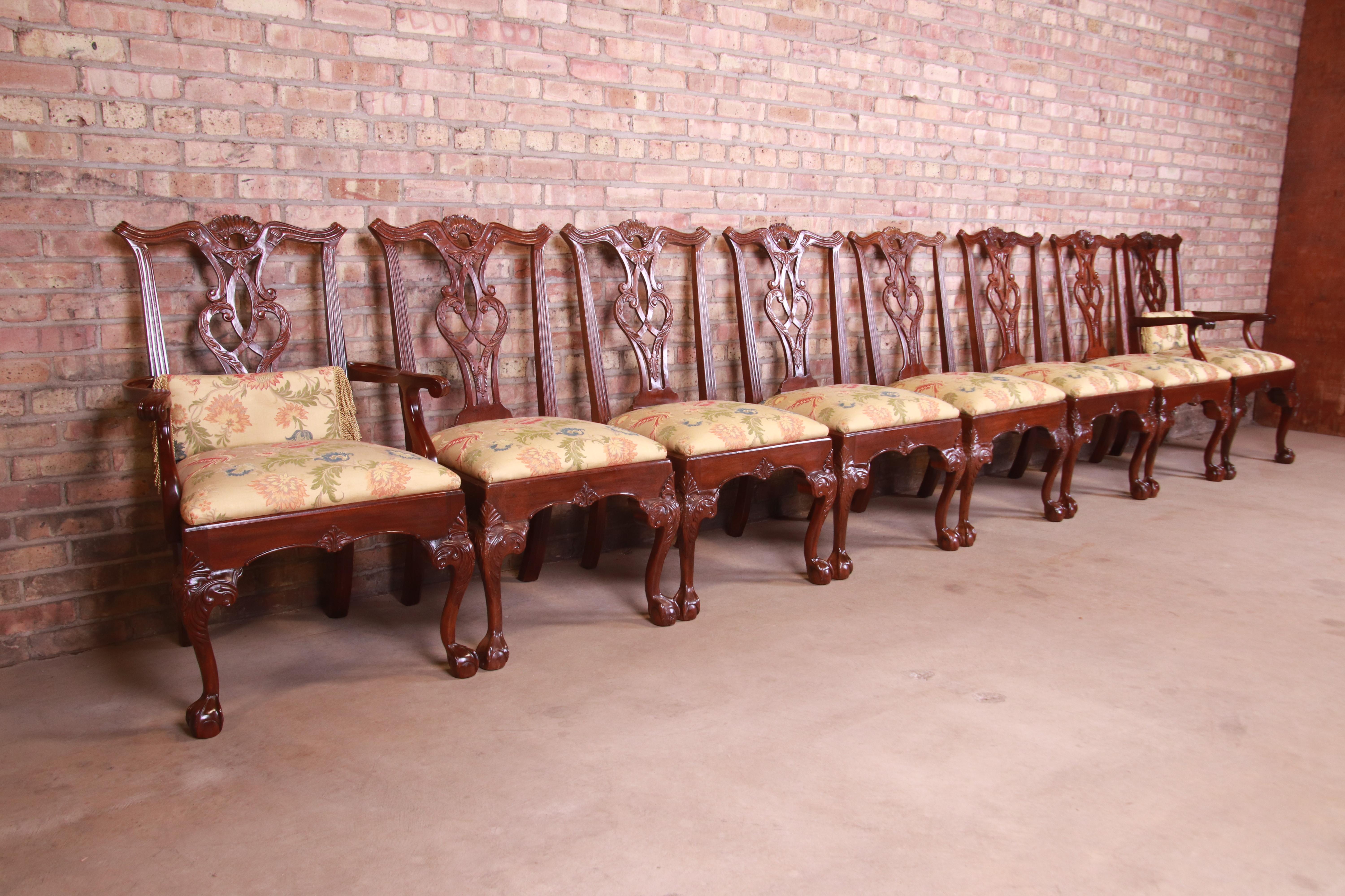 Upholstery Henredon Chippendale Carved Mahogany Dining Chairs, Set of Eight