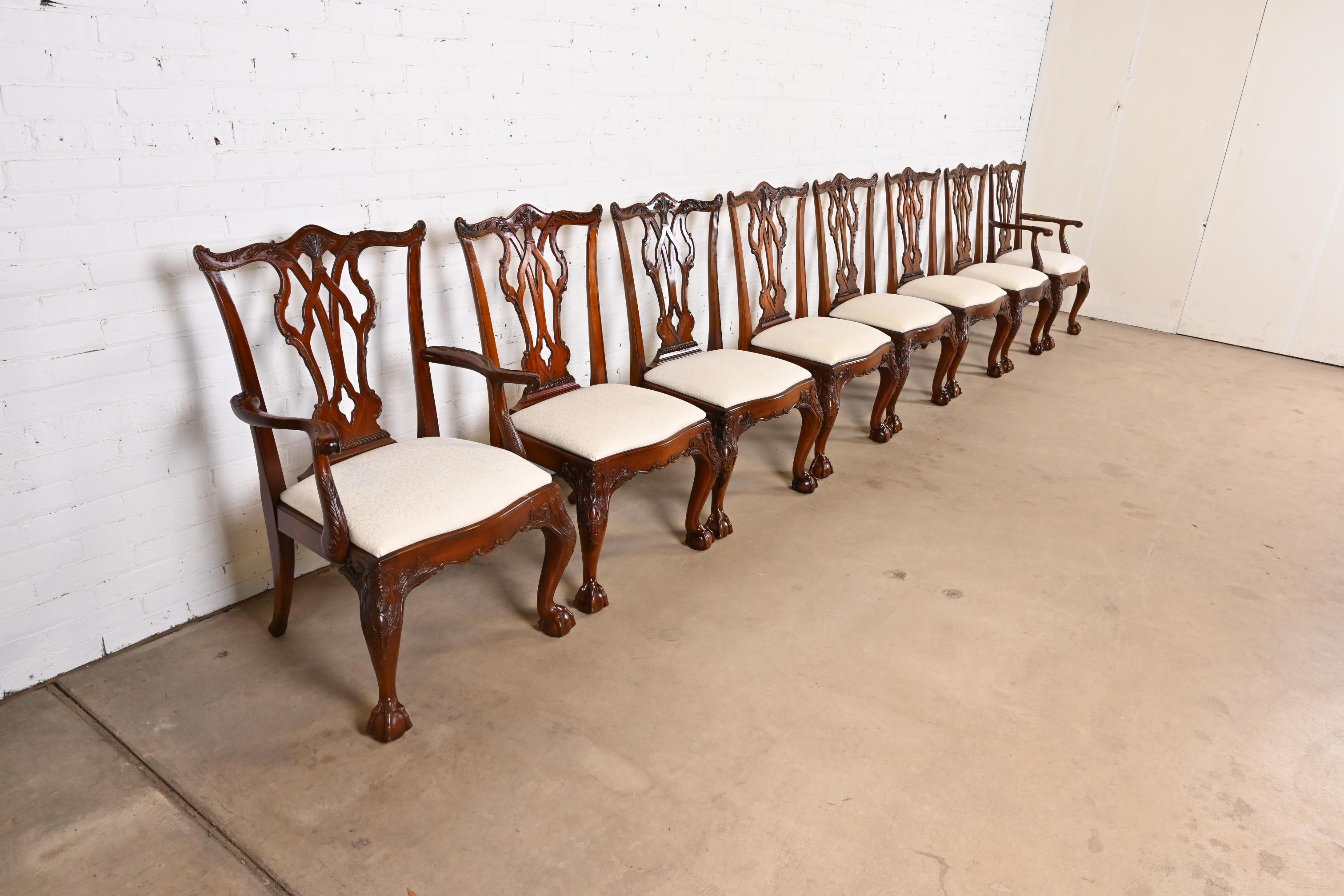 Upholstery Henredon Chippendale Carved Mahogany Dining Chairs, Set of Eight