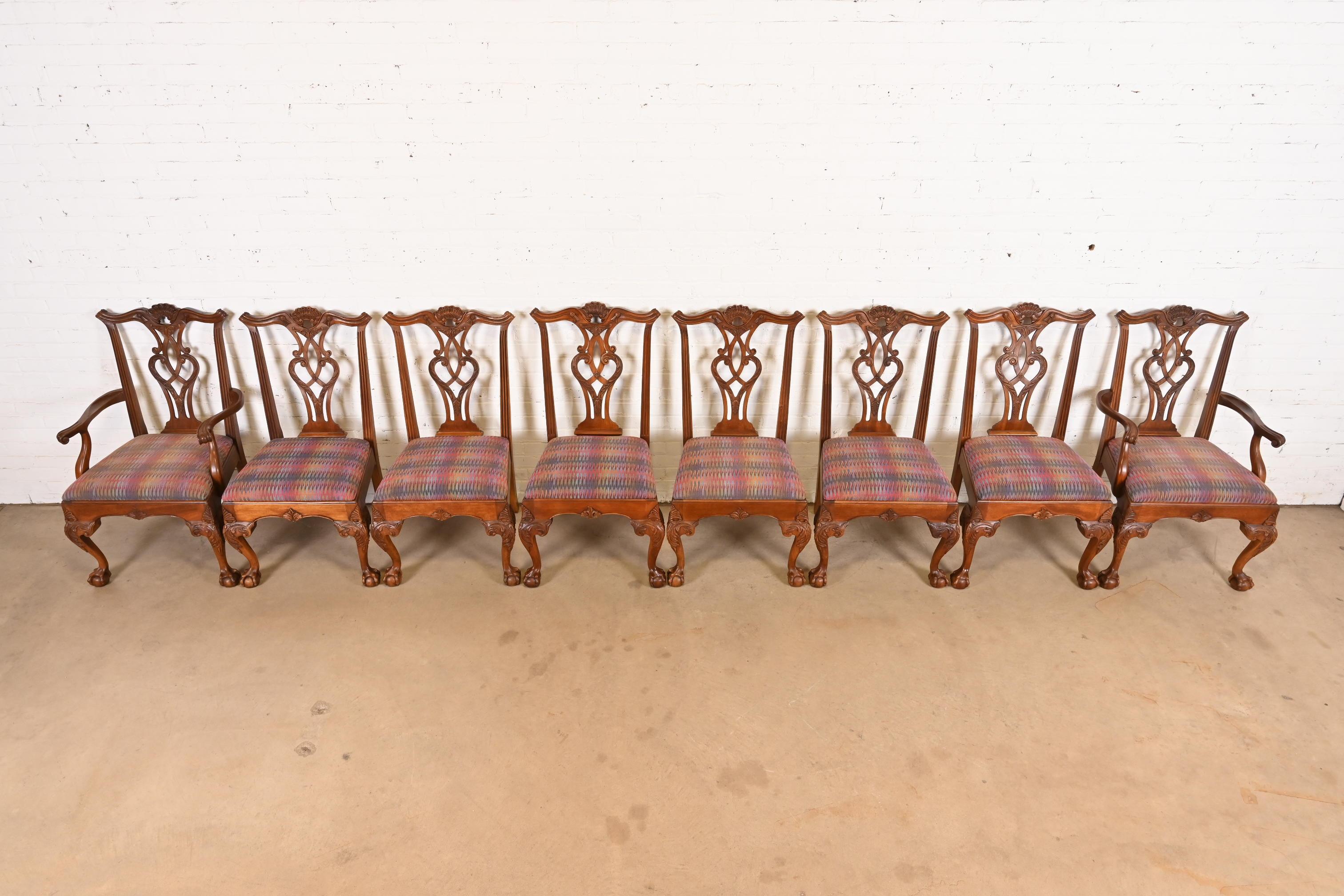 Upholstery Henredon Chippendale Carved Mahogany Dining Chairs, Set of Eight