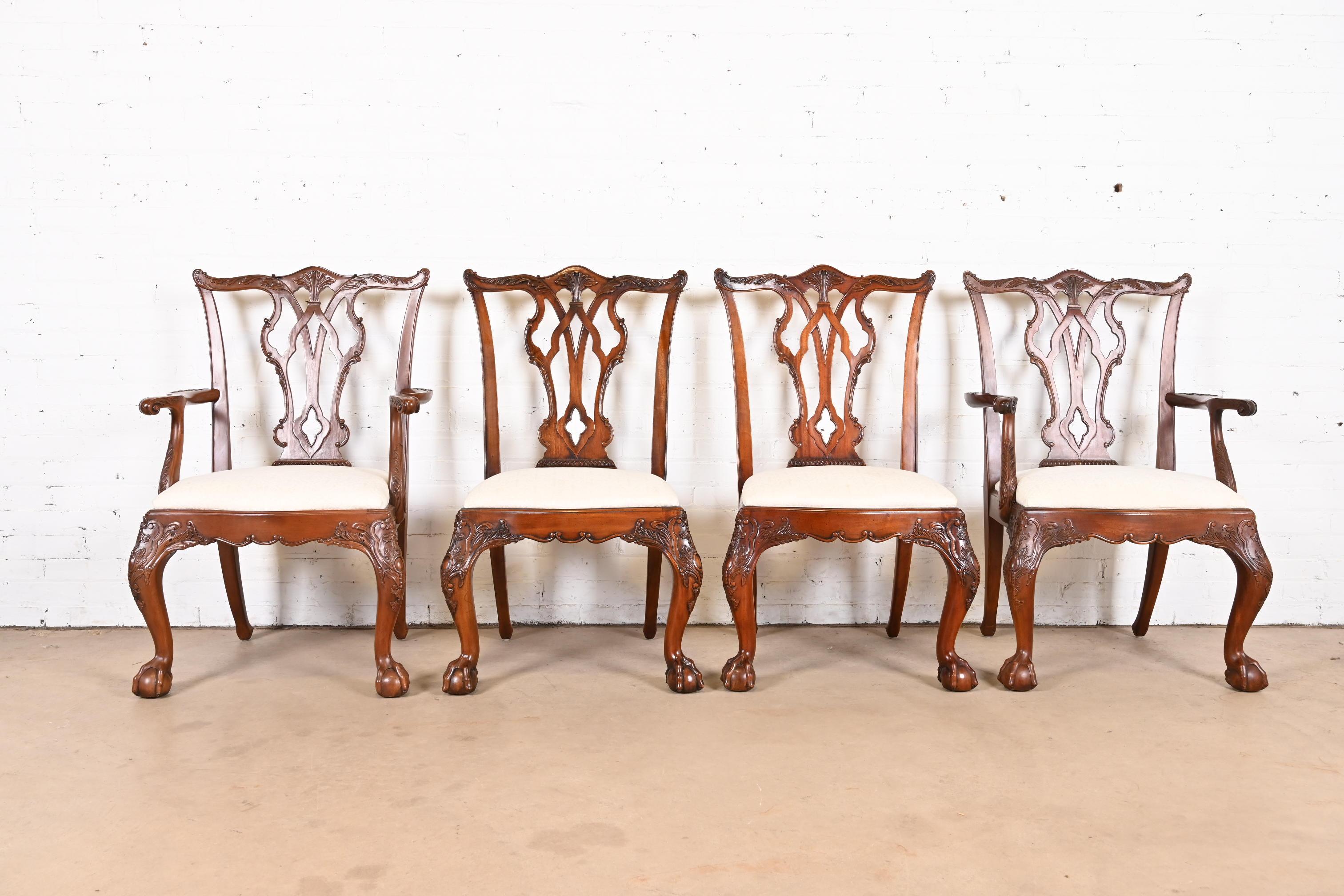 American Henredon Chippendale Carved Mahogany Dining Chairs, Set of Four