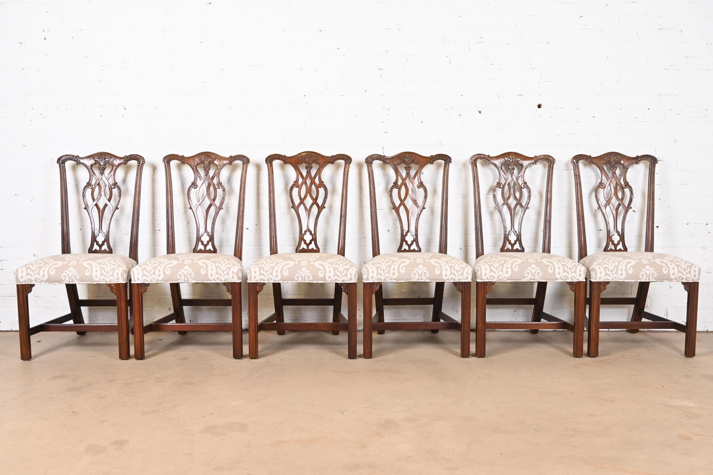 American Henredon Chippendale Carved Mahogany Dining Chairs, Set of Six