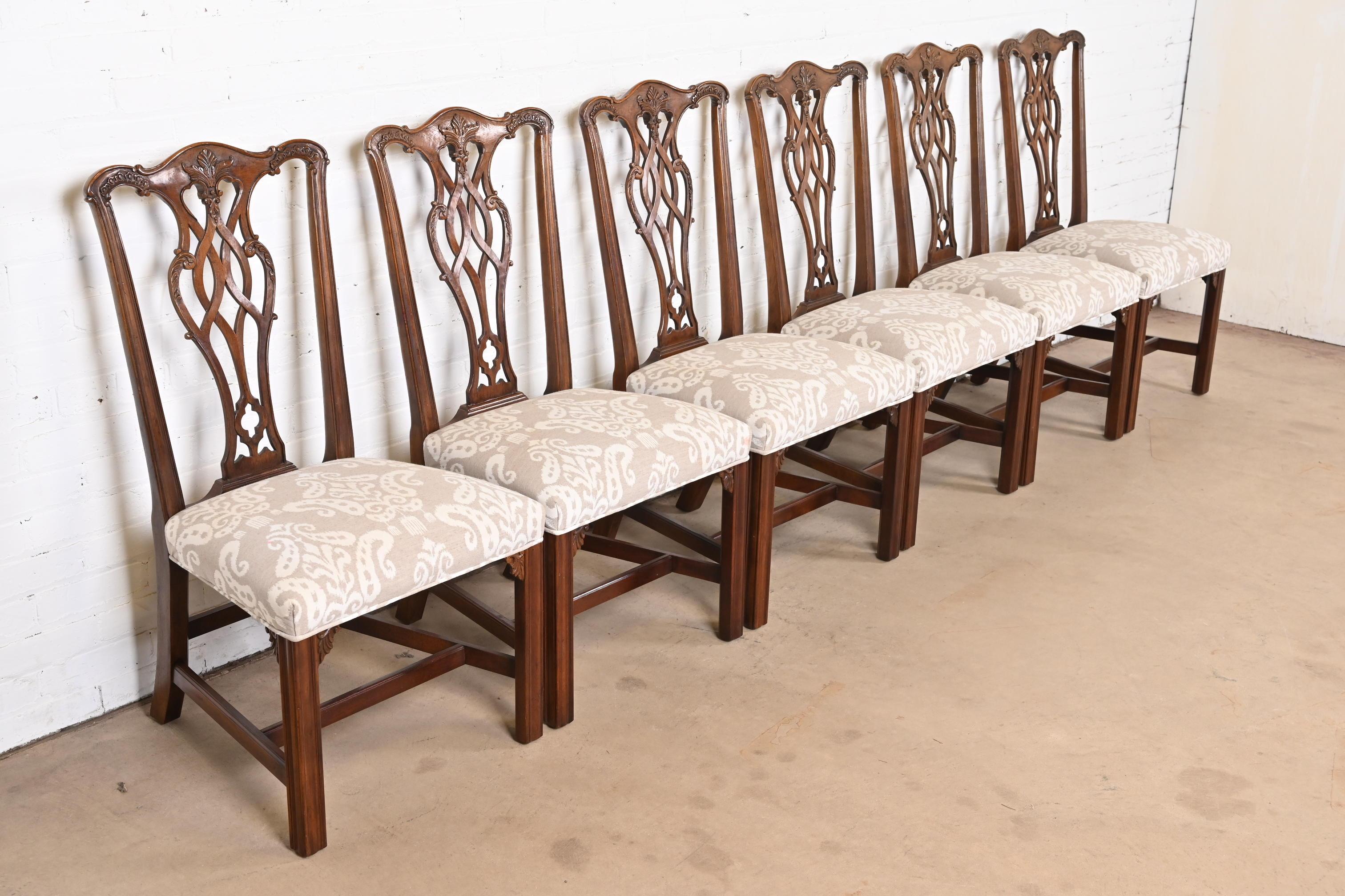 Upholstery Henredon Chippendale Carved Mahogany Dining Chairs, Set of Six