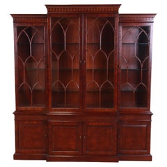 Henredon Chippendale Carved Mahogany Lighted Breakfront Bookcase Cabinet
