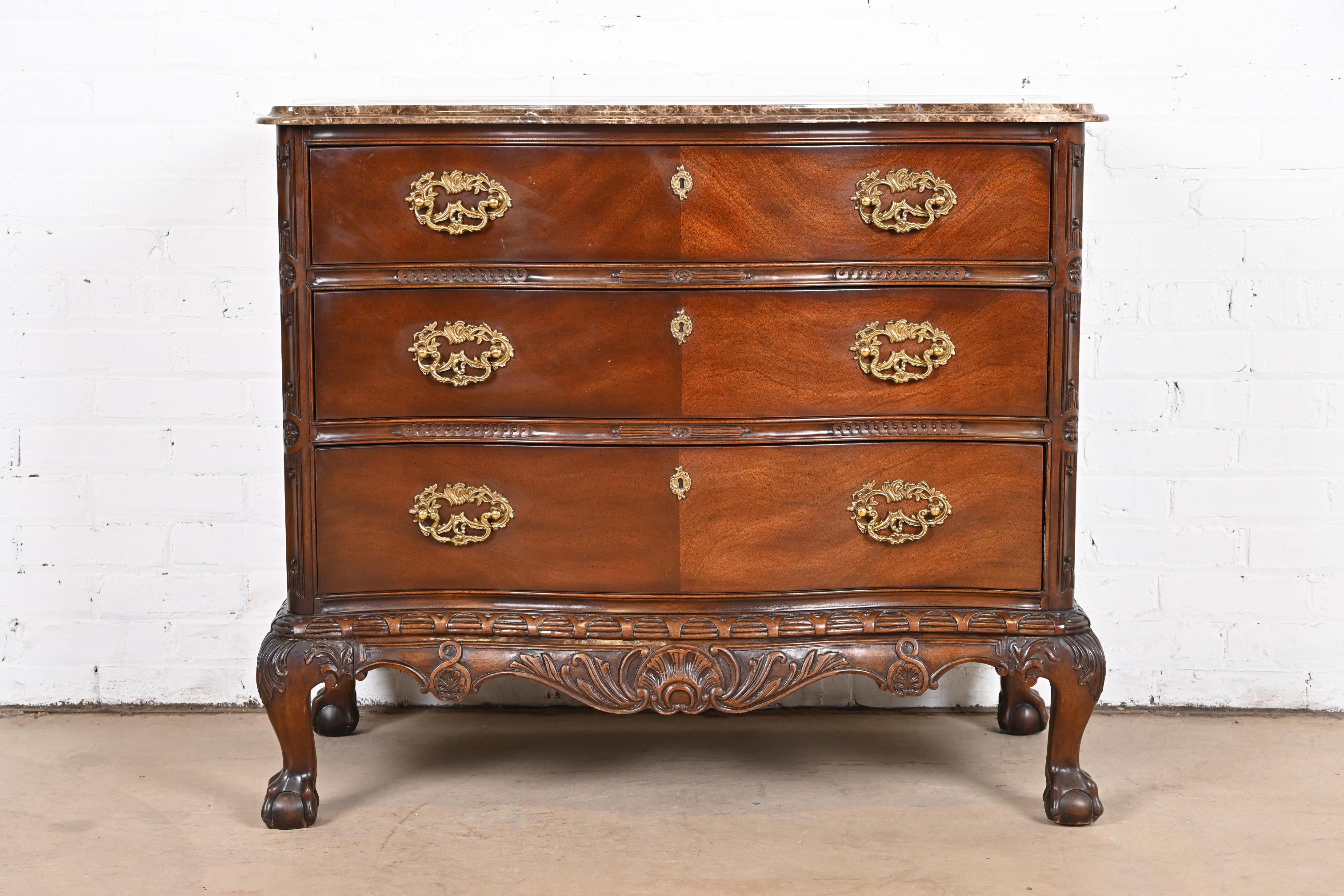 American Henredon Chippendale Carved Mahogany Marble Top Serpentine Chest of Drawers For Sale